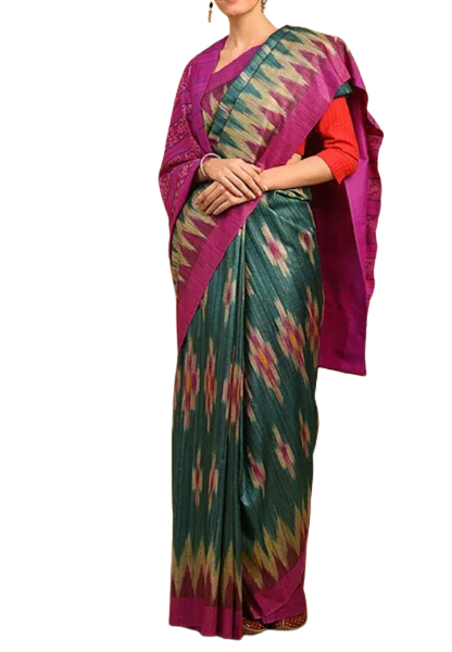 Green Tussar Silk Sambalpuri Saree with Pasapalli woven motifs and running blouse piece