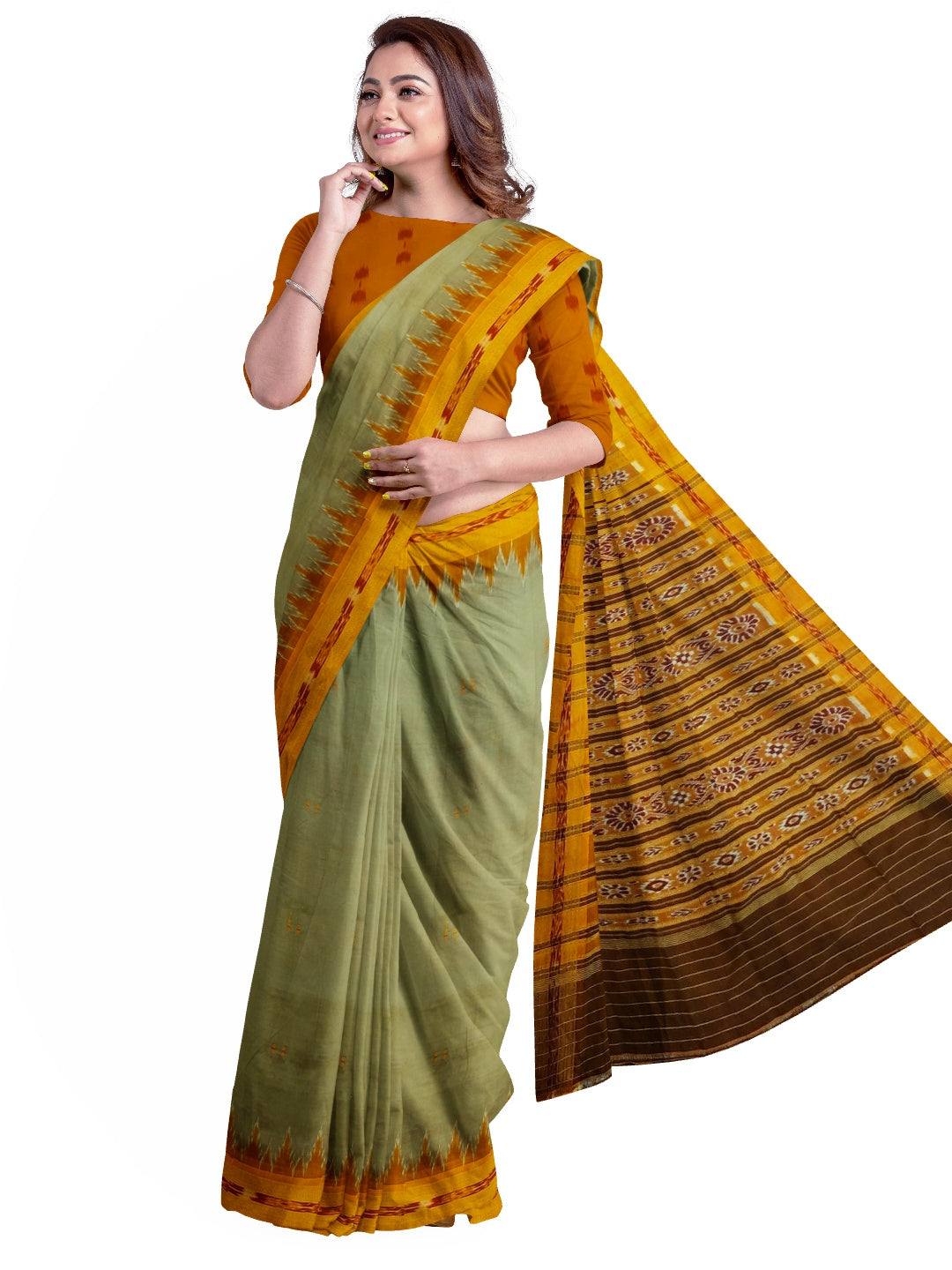 Greenish Yellow with Orange Odisha Khandua Silk Saree with cotton ikat blouse piece