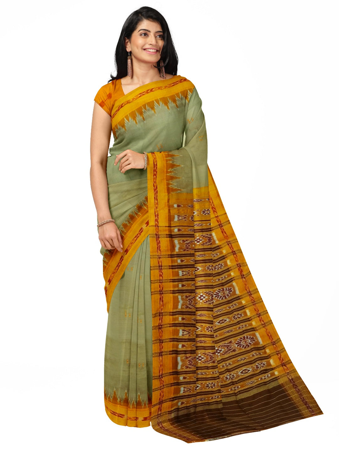 Greenish Yellow with Orange Odisha Khandua Silk Saree with cotton ikat blouse piece