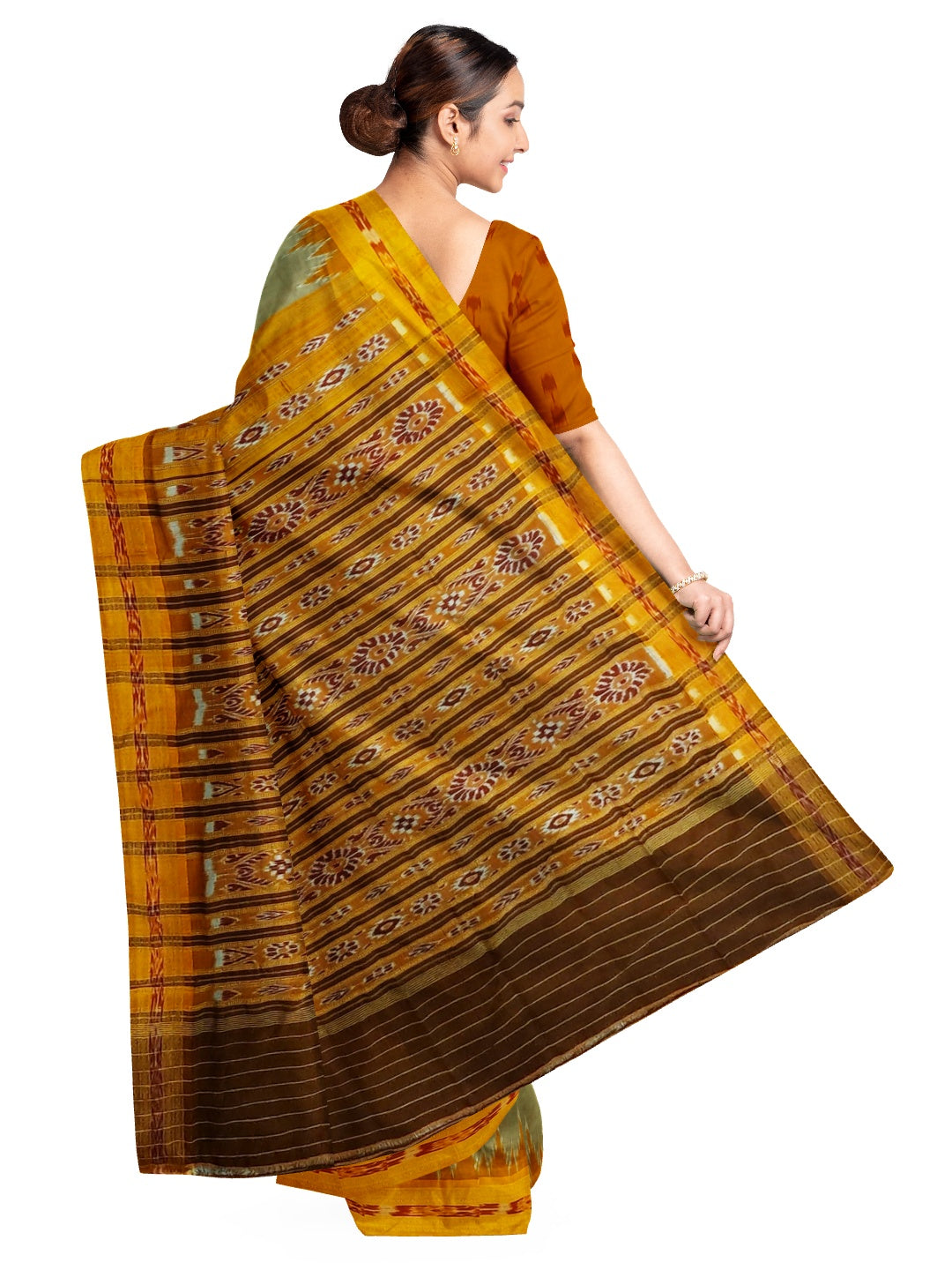 Greenish Yellow with Orange Odisha Khandua Silk Saree with cotton ikat blouse piece