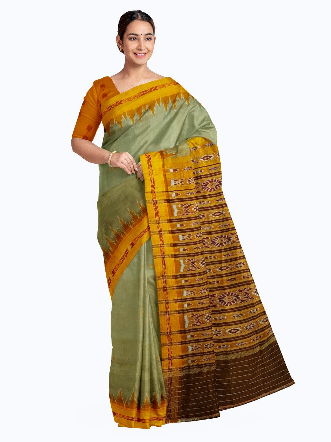 Greenish Yellow with Orange Odisha Khandua Silk Saree with cotton ikat blouse piece