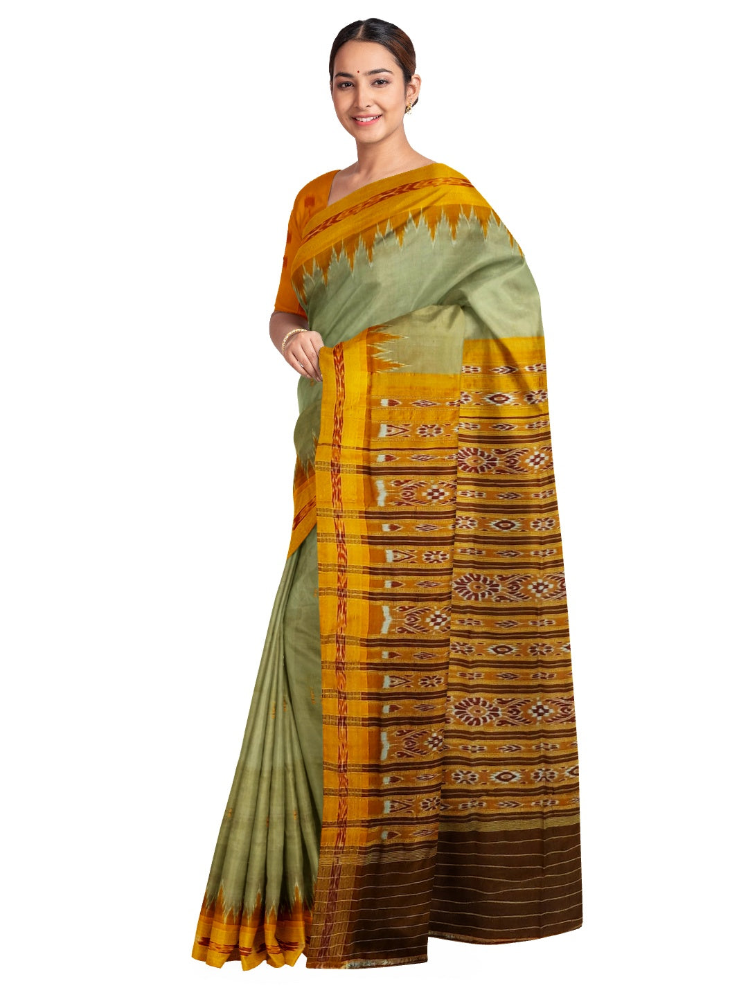 Greenish Yellow with Orange Odisha Khandua Silk Saree with cotton ikat blouse piece