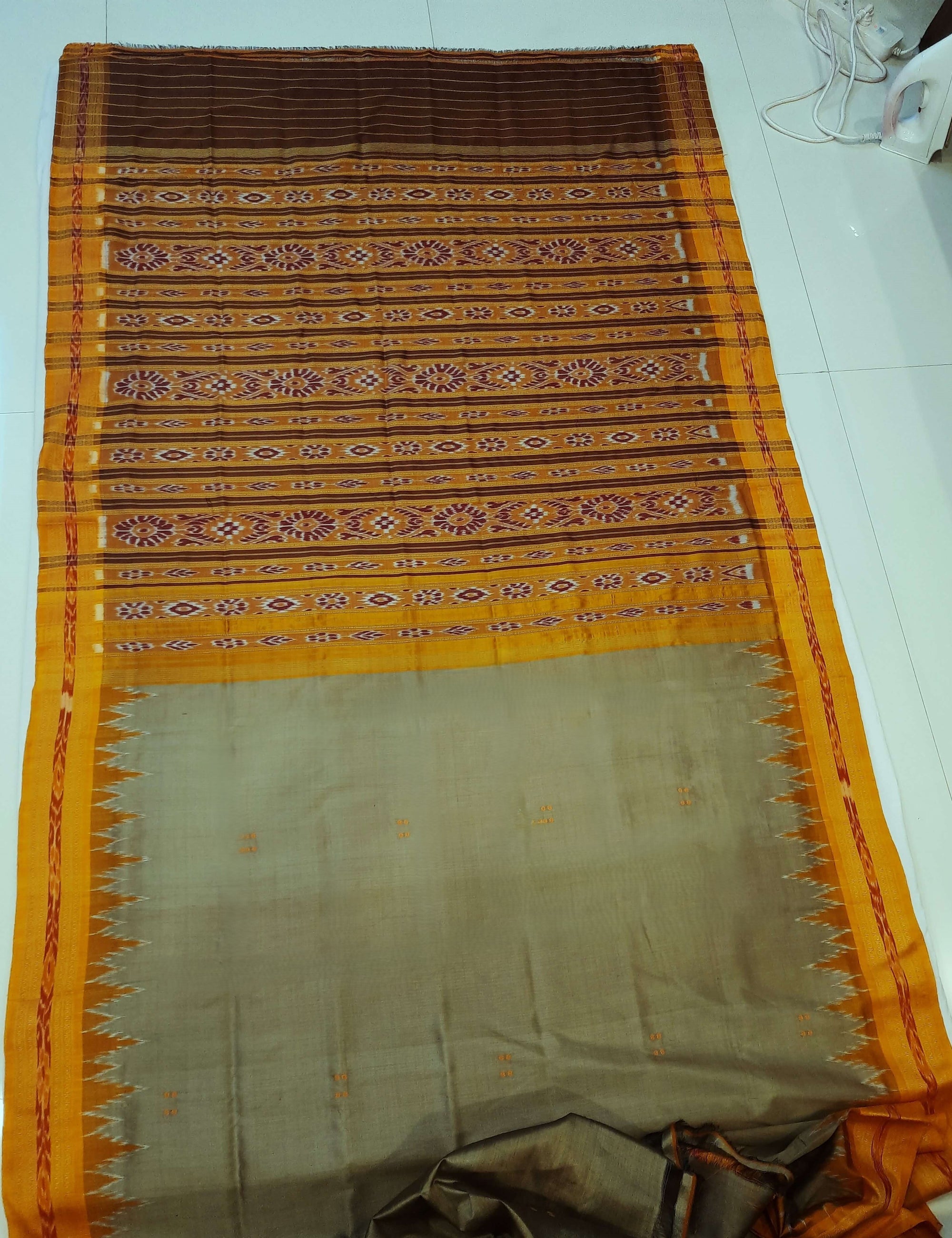 Greenish Yellow with Orange Odisha Khandua Silk Saree with cotton ikat blouse piece