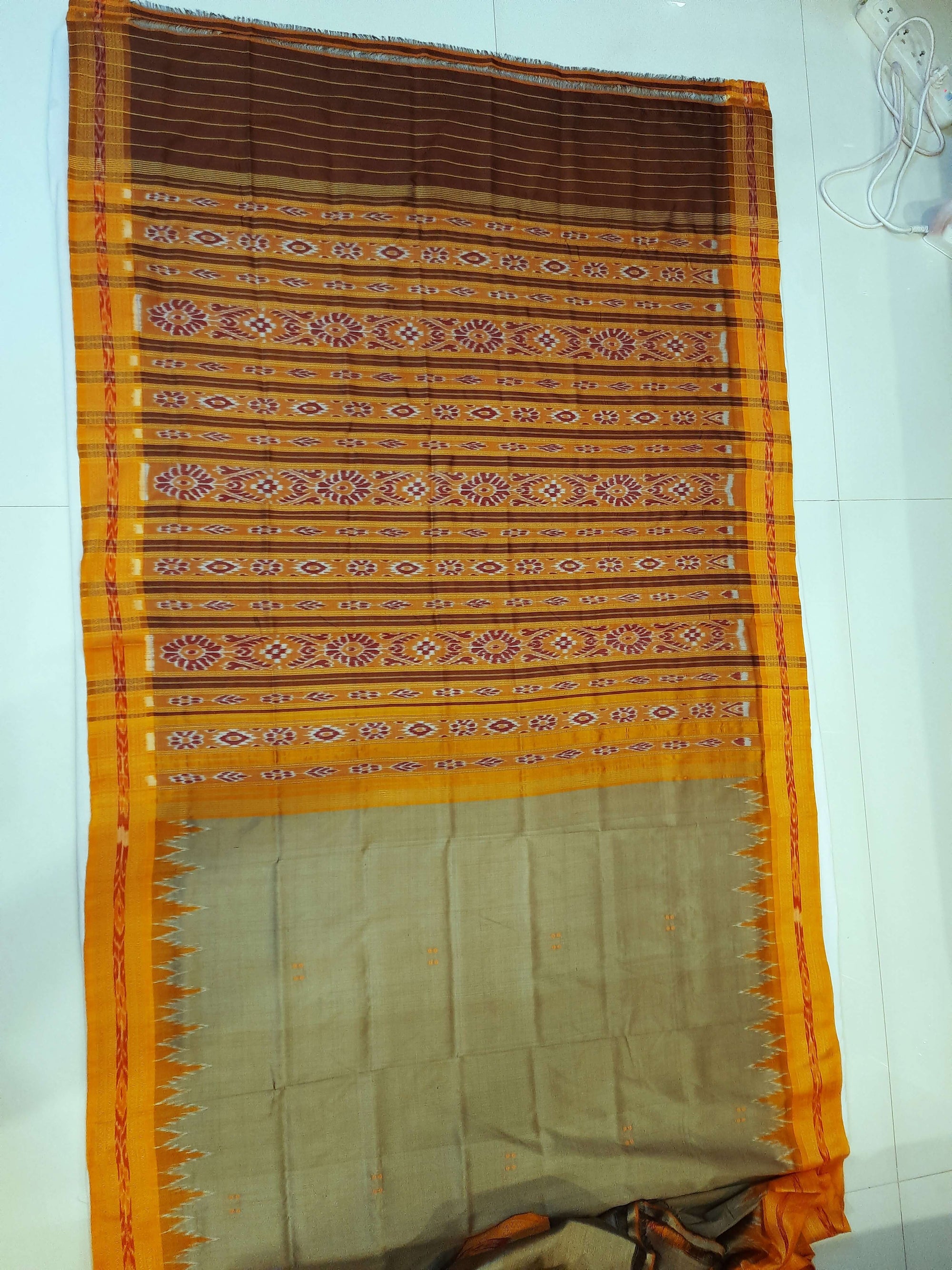 Greenish Yellow with Orange Odisha Khandua Silk Saree with cotton ikat blouse piece
