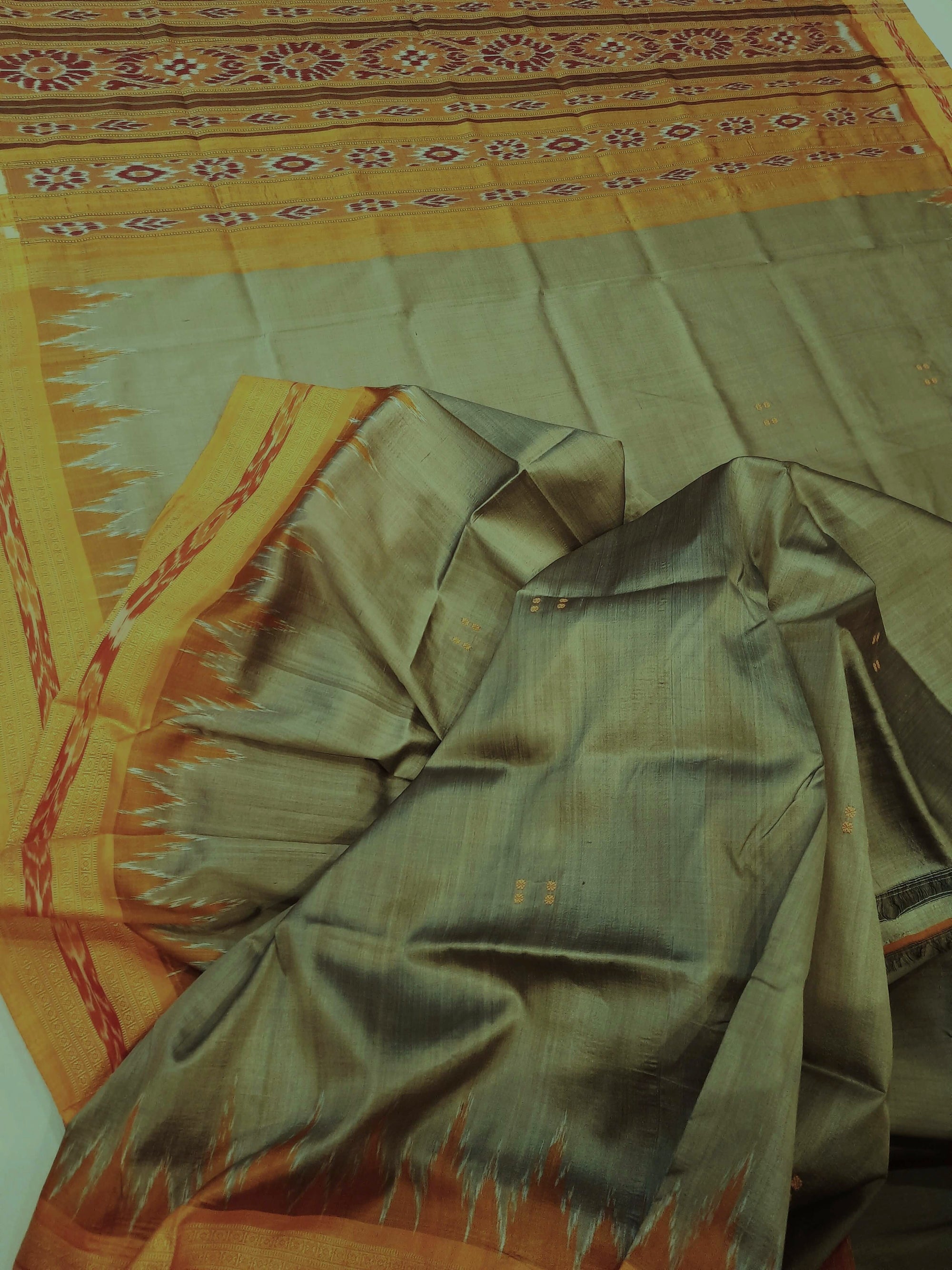 Greenish Yellow with Orange Odisha Khandua Silk Saree with cotton ikat blouse piece