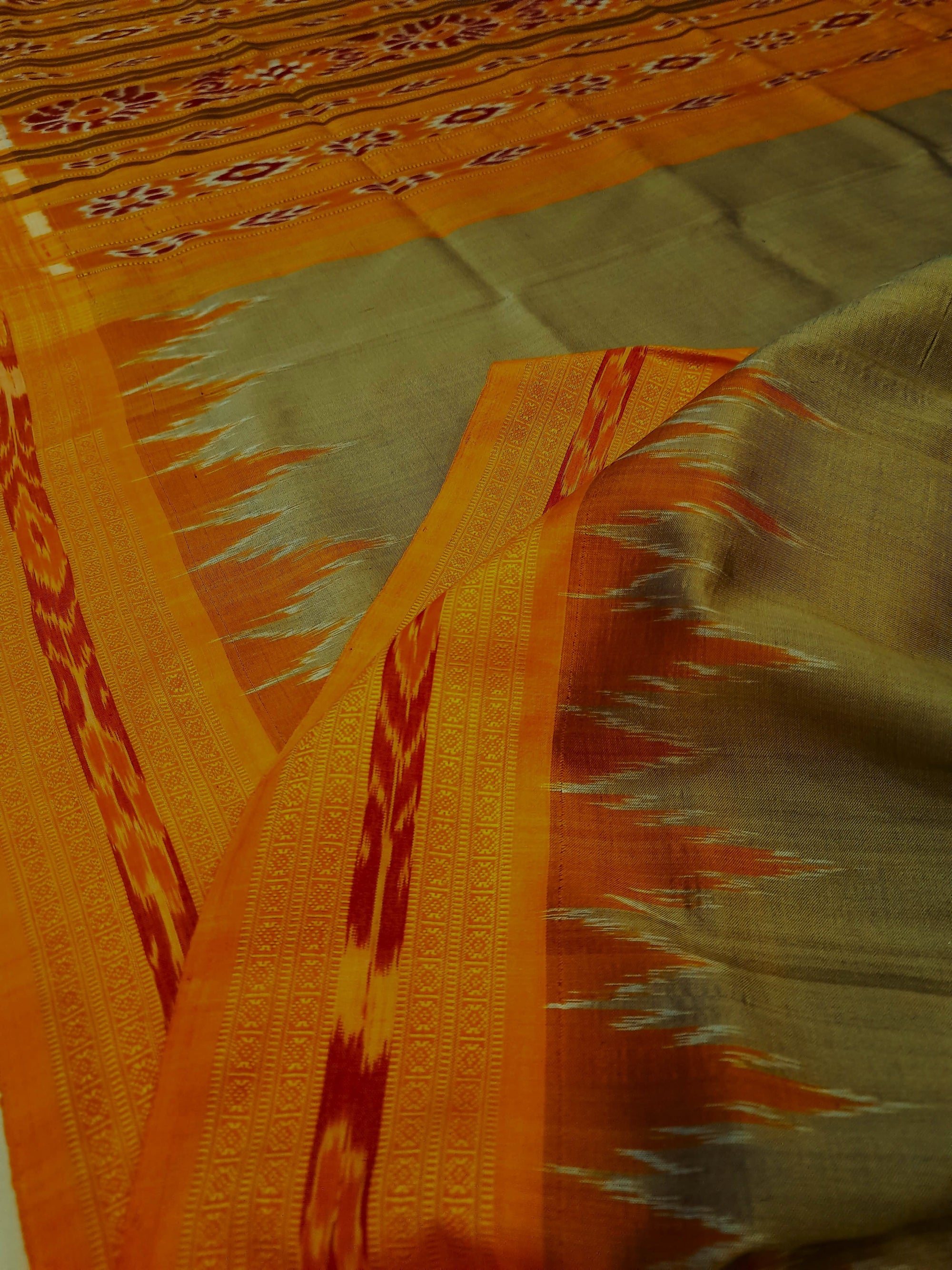 Greenish Yellow with Orange Odisha Khandua Silk Saree with cotton ikat blouse piece