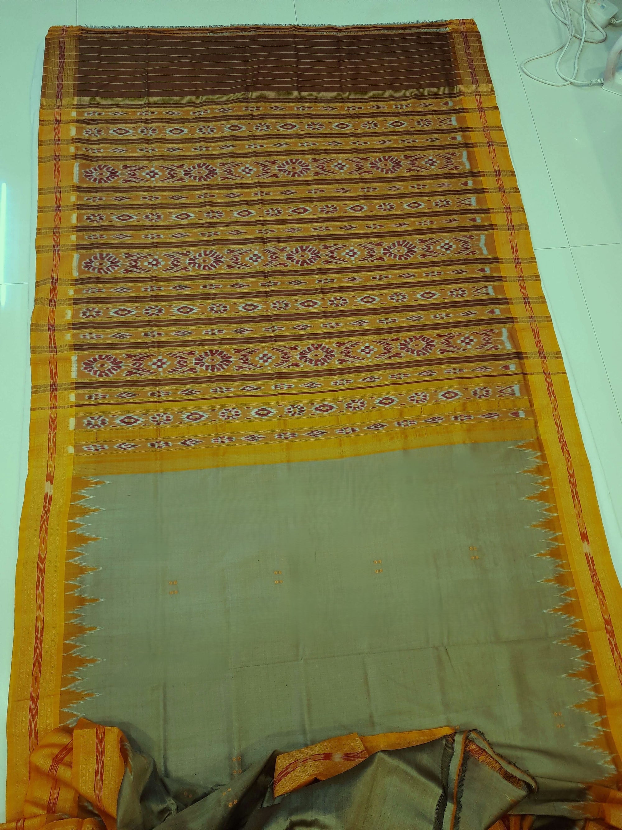 Greenish Yellow with Orange Odisha Khandua Silk Saree with cotton ikat blouse piece
