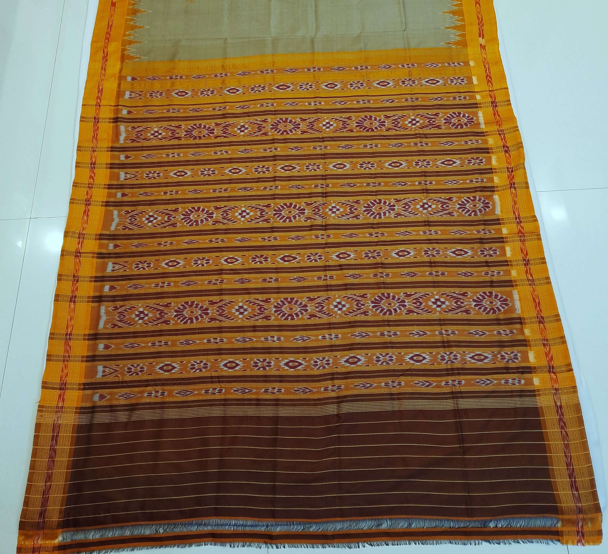 Greenish Yellow with Orange Odisha Khandua Silk Saree with cotton ikat blouse piece