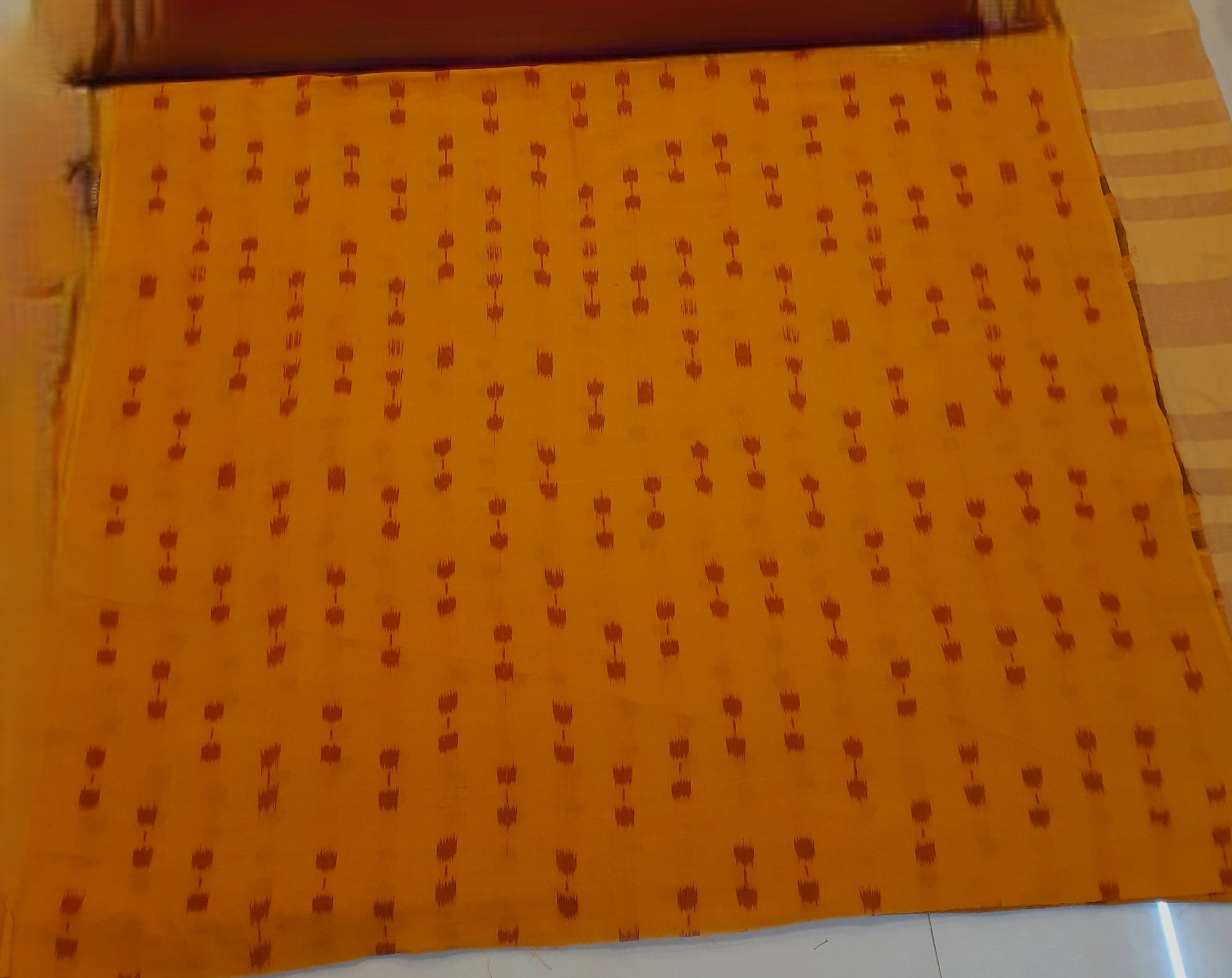 Greenish Yellow with Orange Odisha Khandua Silk Saree with cotton ikat blouse piece