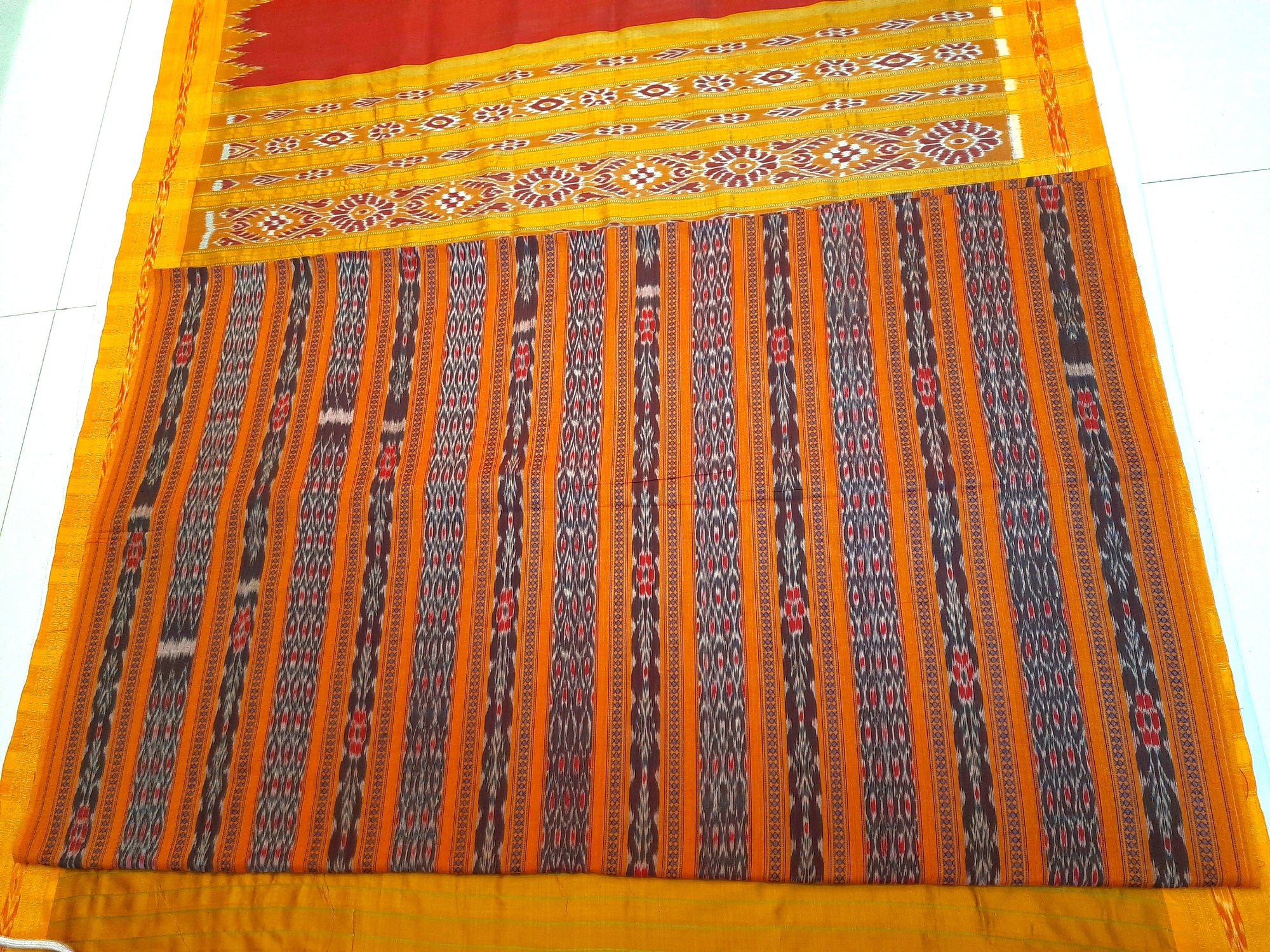 Maroon Odisha Khandua Pata Silk Saree with cotton ikat blouse piece