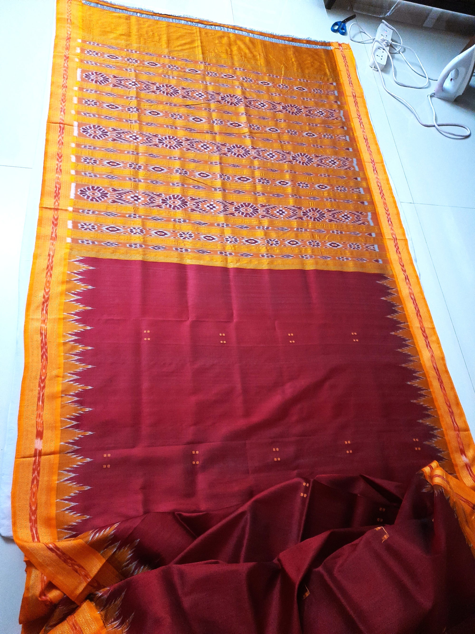 Maroon Odisha Khandua Pata Silk Saree with cotton ikat blouse piece