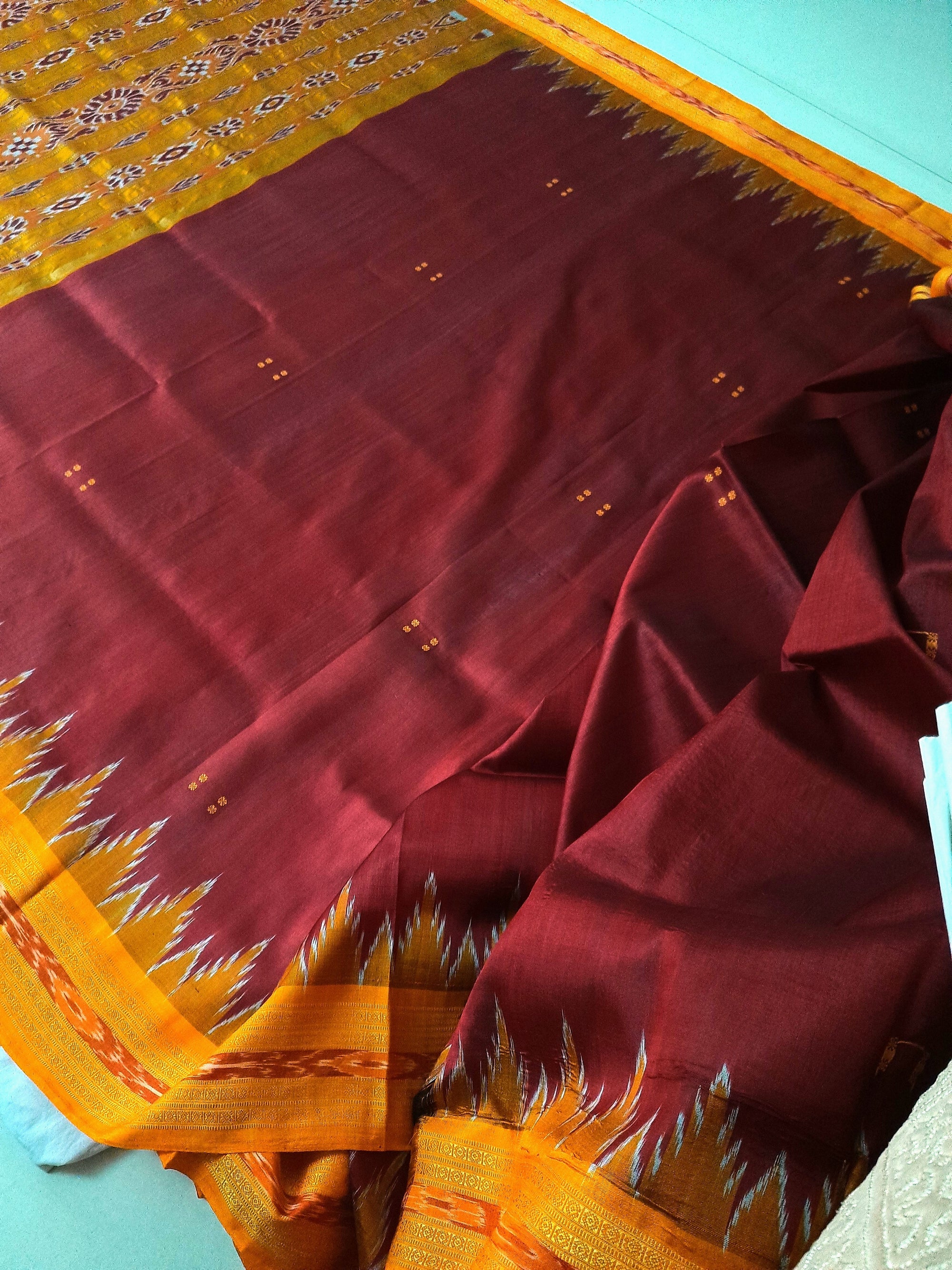 Maroon Odisha Khandua Pata Silk Saree with cotton ikat blouse piece