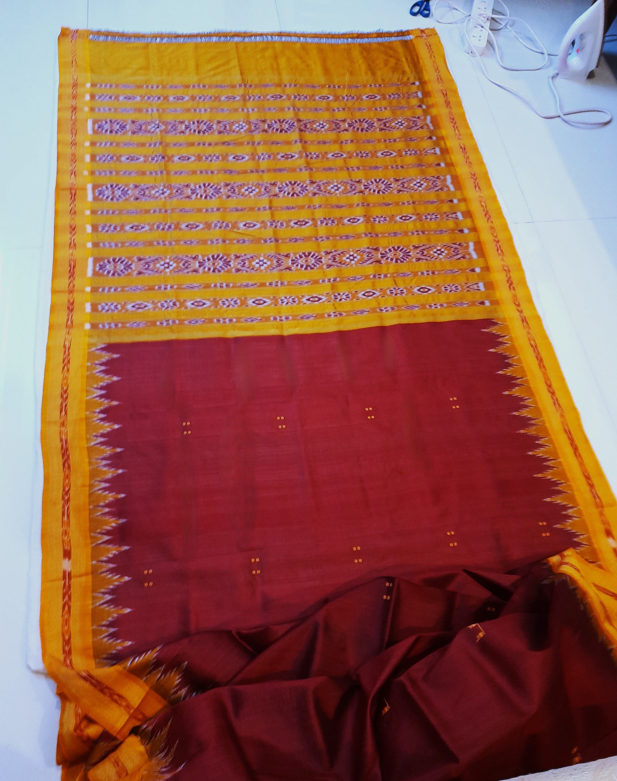 Maroon Odisha Khandua Pata Silk Saree with cotton ikat blouse piece