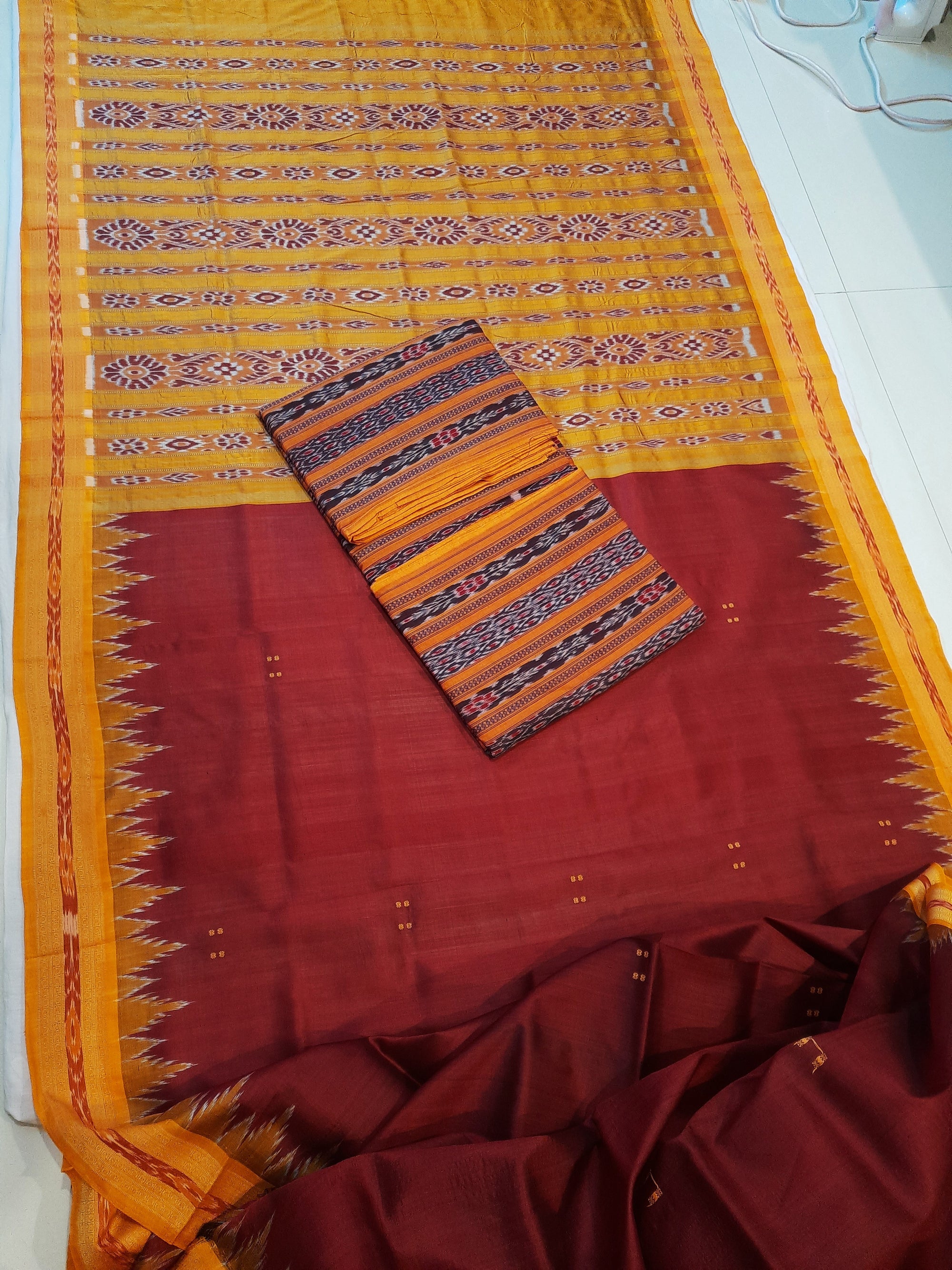 Maroon Odisha Khandua Pata Silk Saree with cotton ikat blouse piece