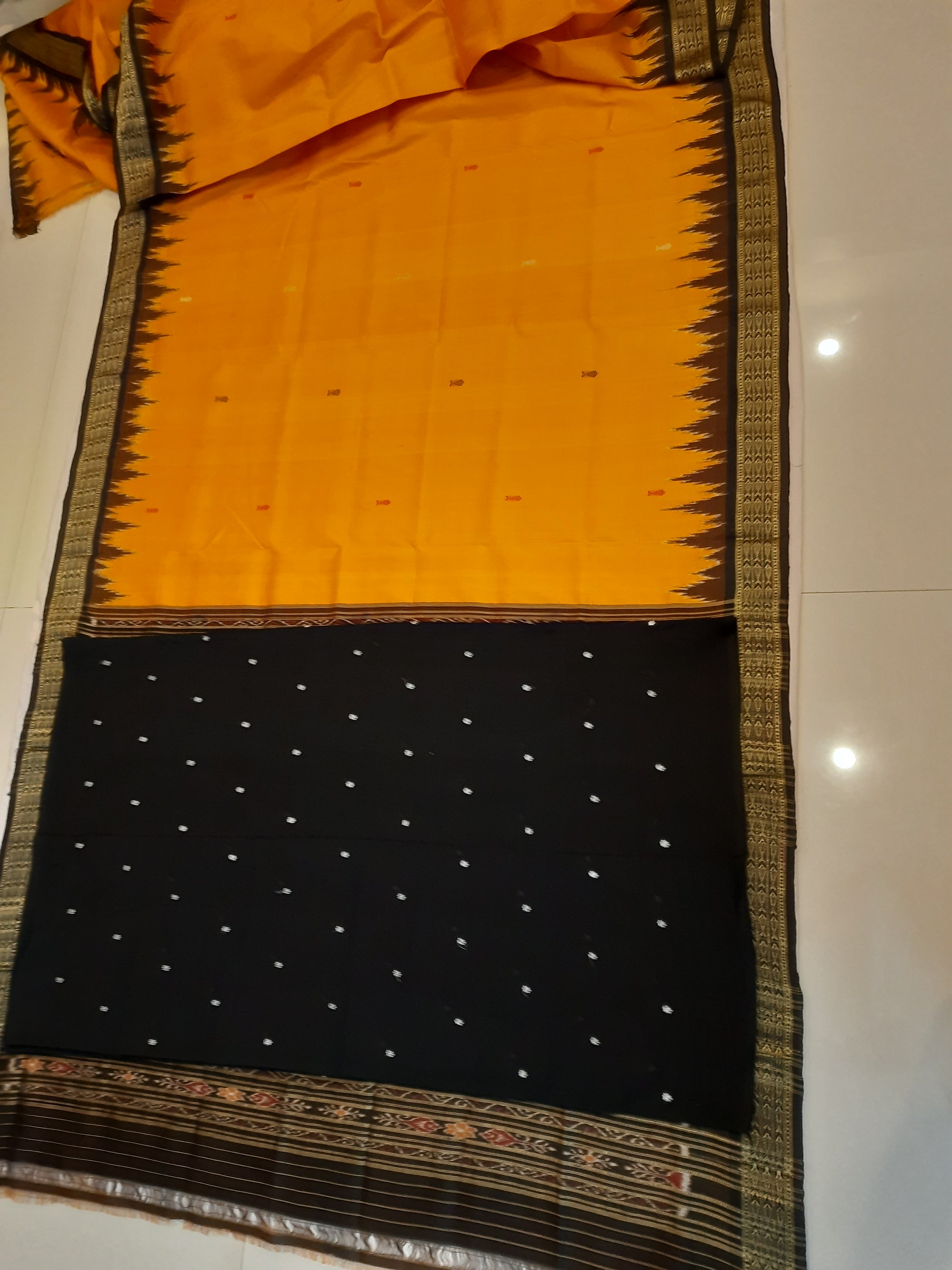 Golden Yellow Odisha Khandua Pata Silk Saree with cotton ikat blouse piece