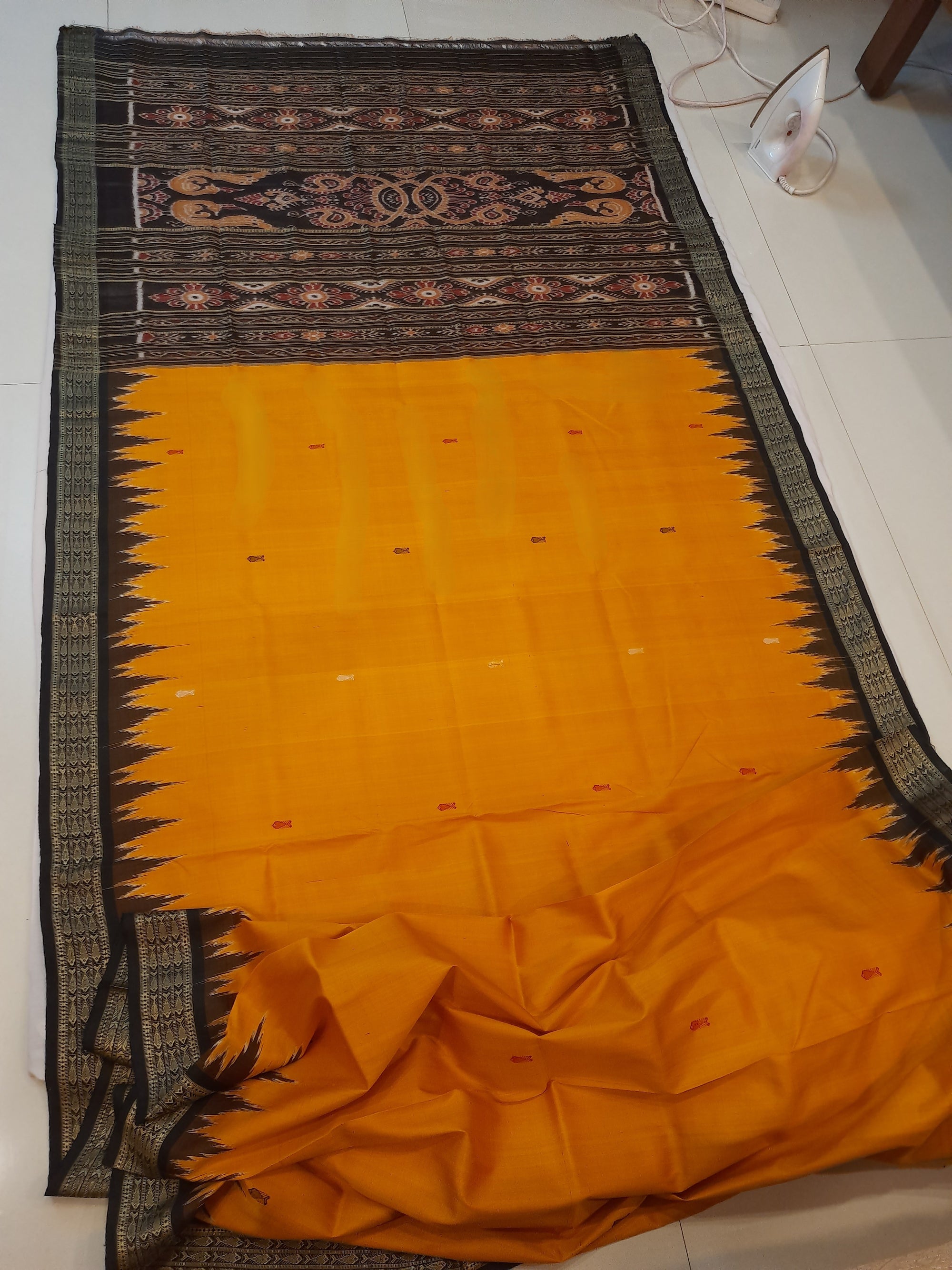 Golden Yellow Odisha Khandua Pata Silk Saree with cotton ikat blouse piece