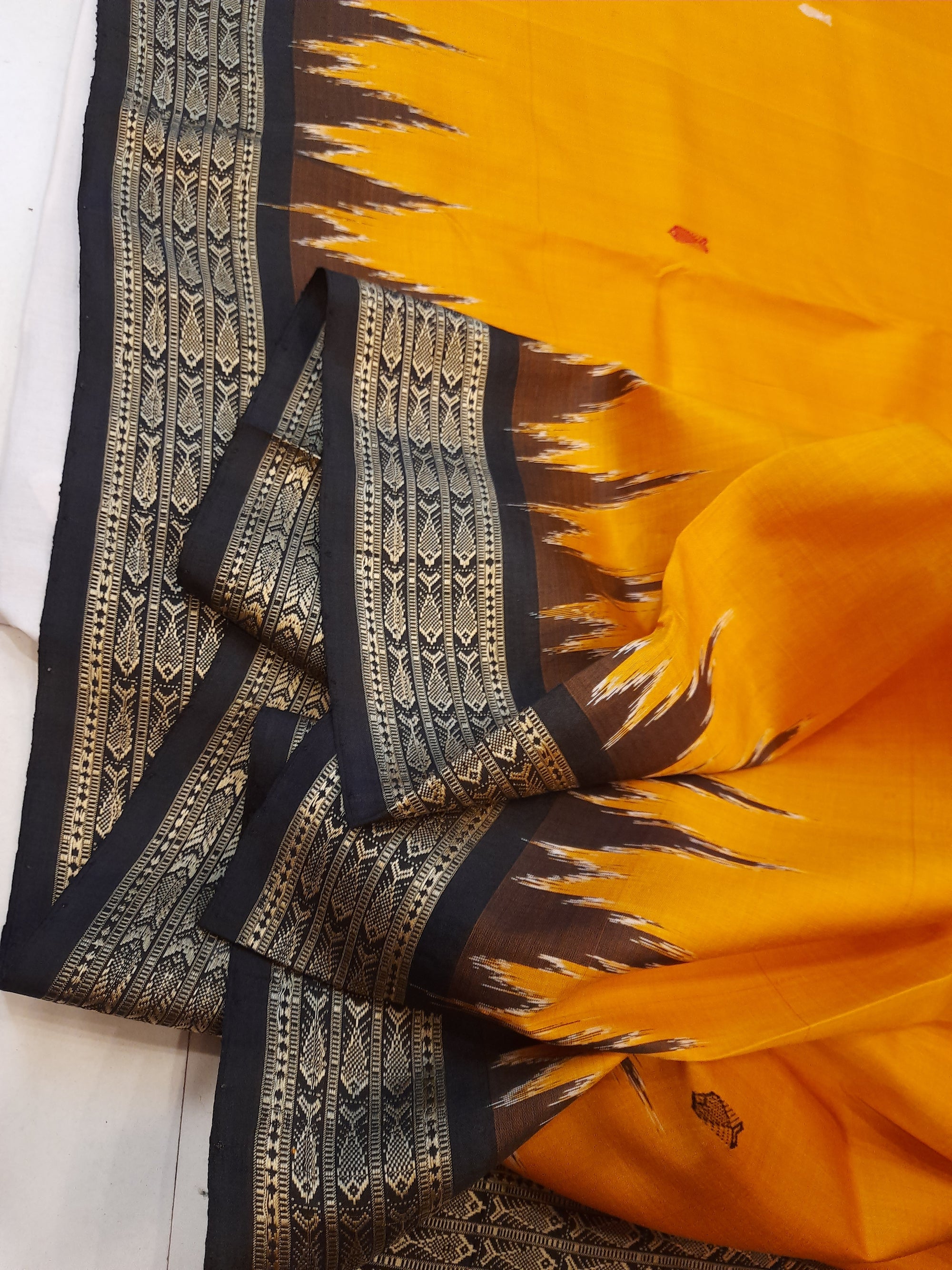Golden Yellow Odisha Khandua Pata Silk Saree with cotton ikat blouse piece