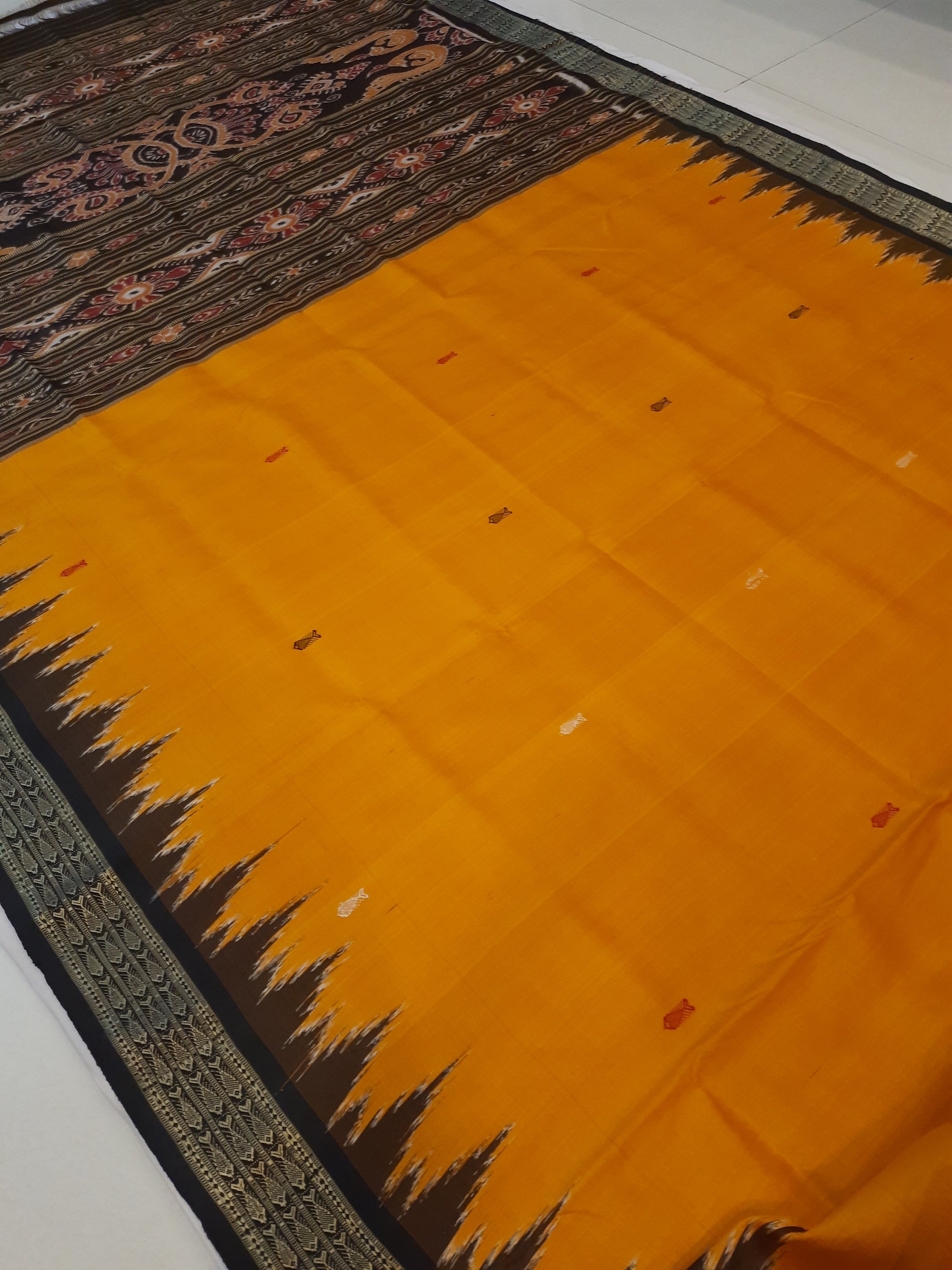 Golden Yellow Odisha Khandua Pata Silk Saree with cotton ikat blouse piece