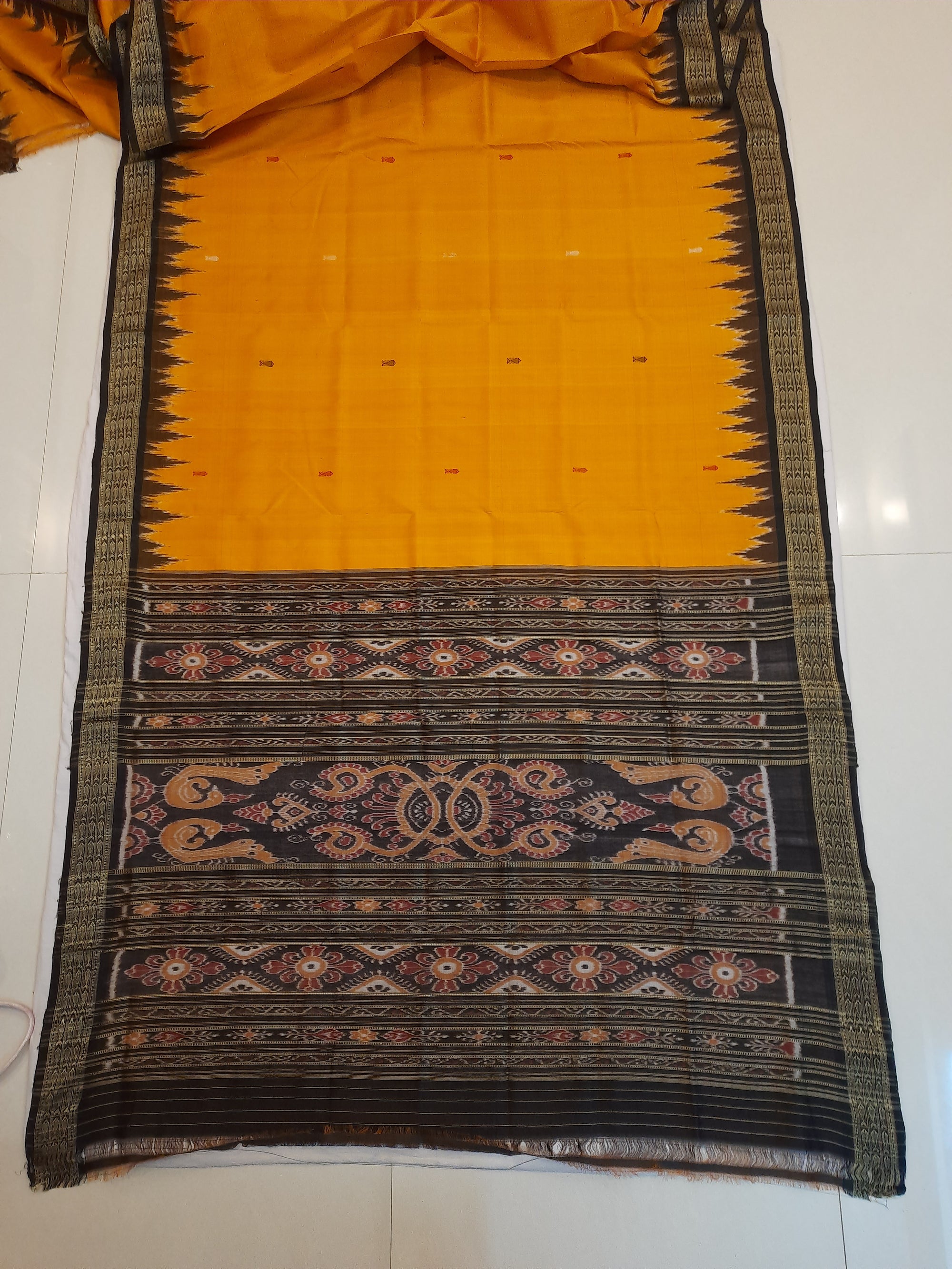 Golden Yellow Odisha Khandua Pata Silk Saree with cotton ikat blouse piece