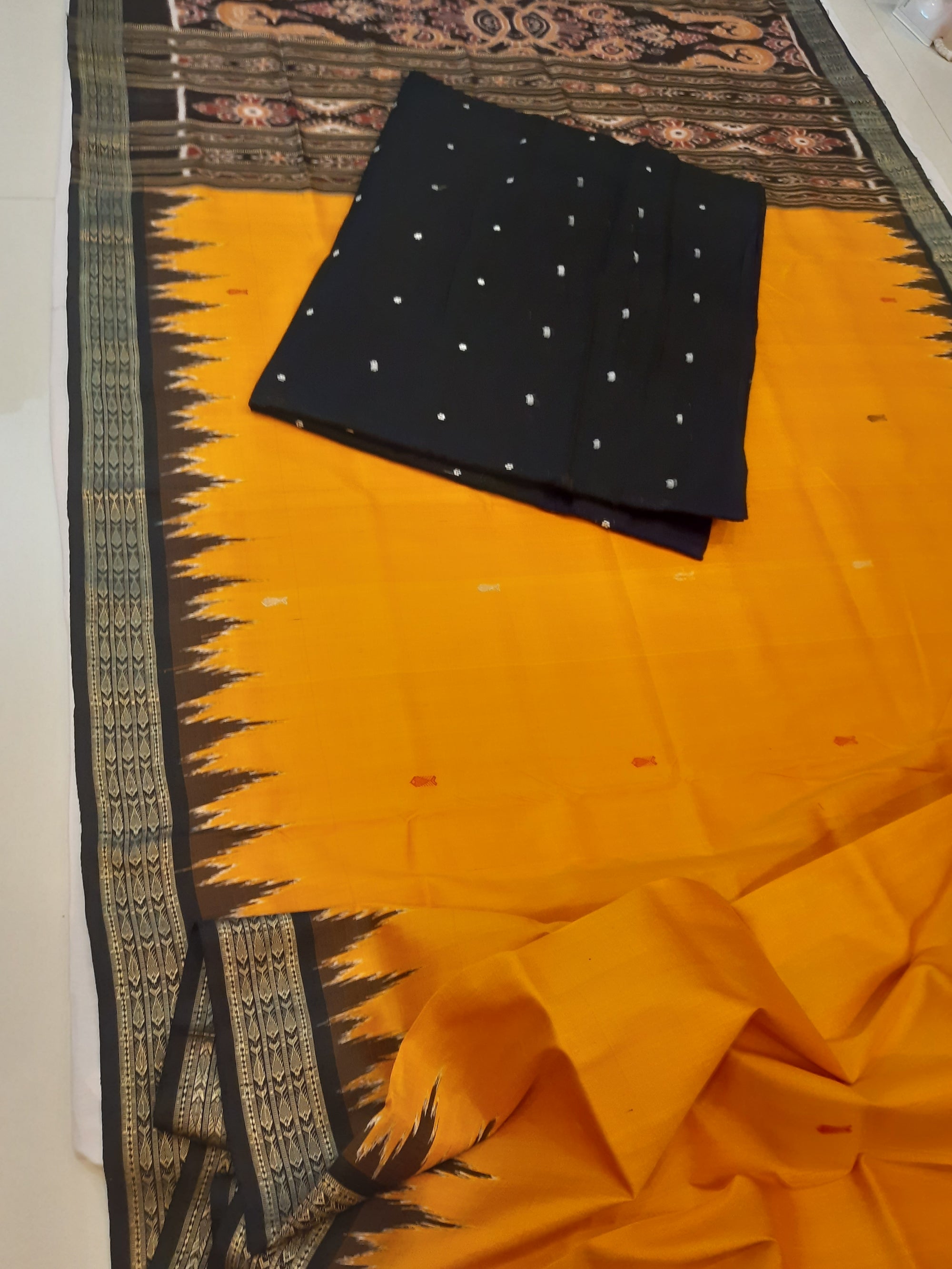 Golden Yellow Odisha Khandua Pata Silk Saree with cotton ikat blouse piece