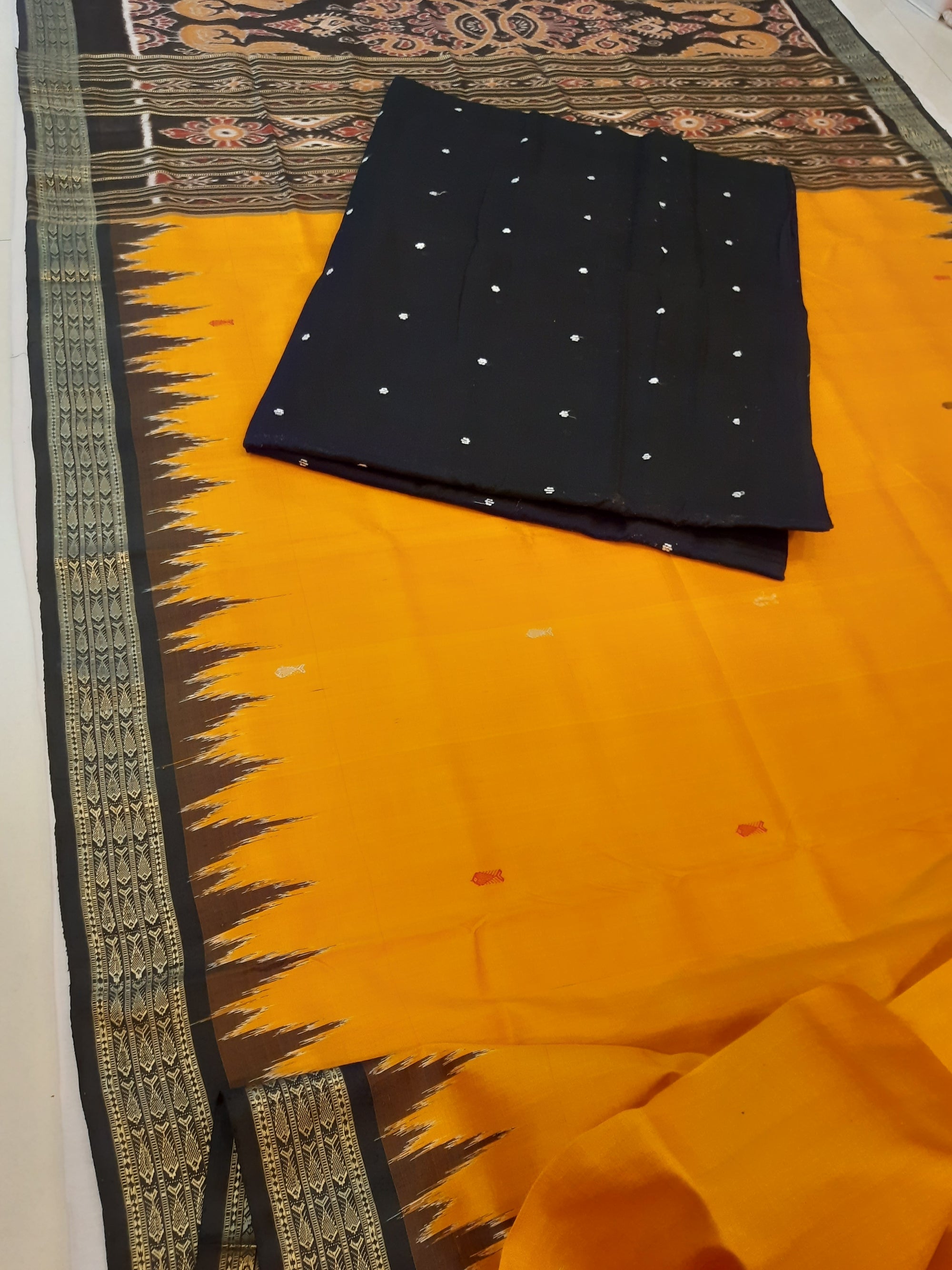 Golden Yellow Odisha Khandua Pata Silk Saree with cotton ikat blouse piece