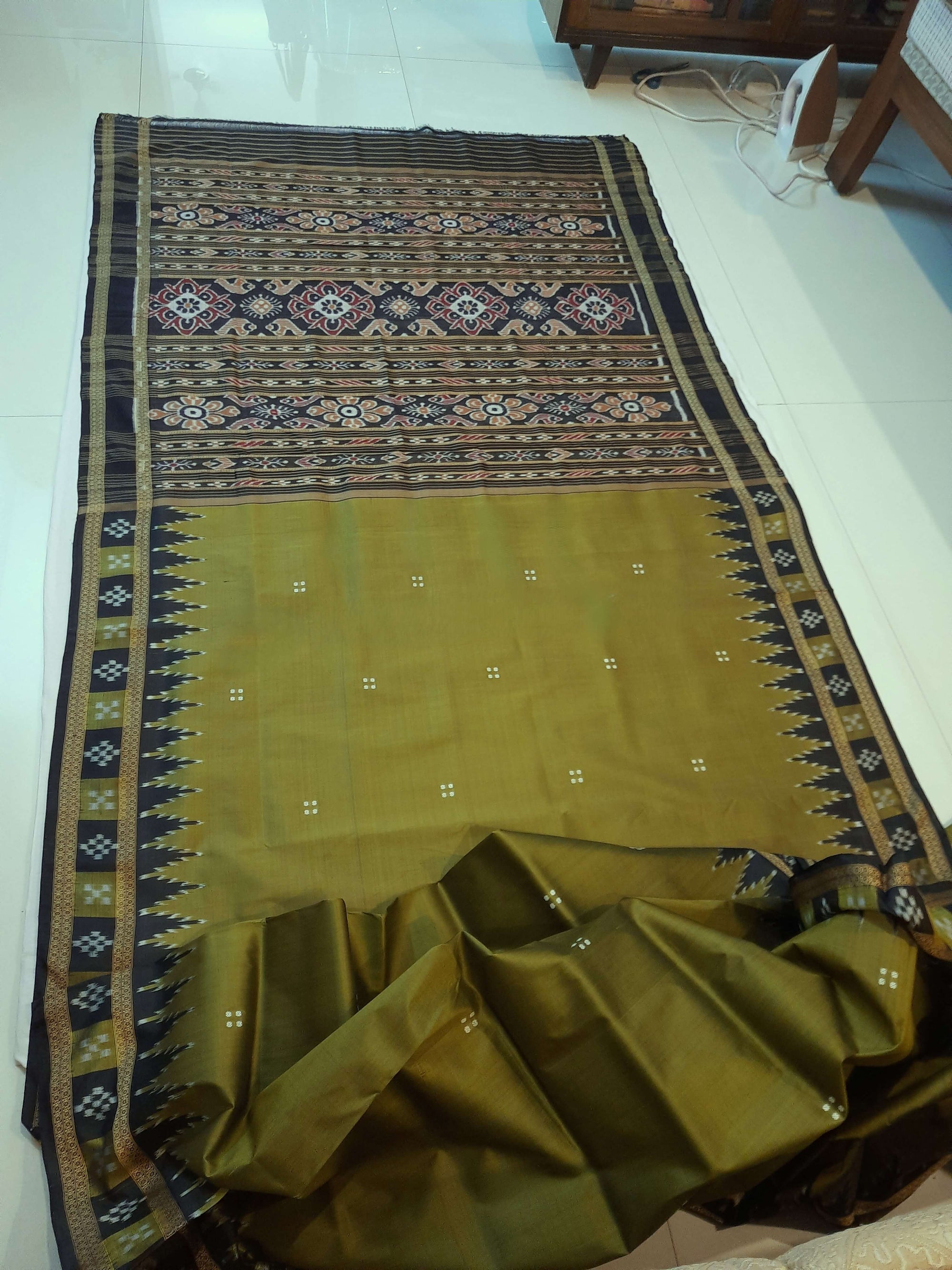 OliveGreen Odisha Khandua Pata Silk Saree with cotton ikat blouse piece