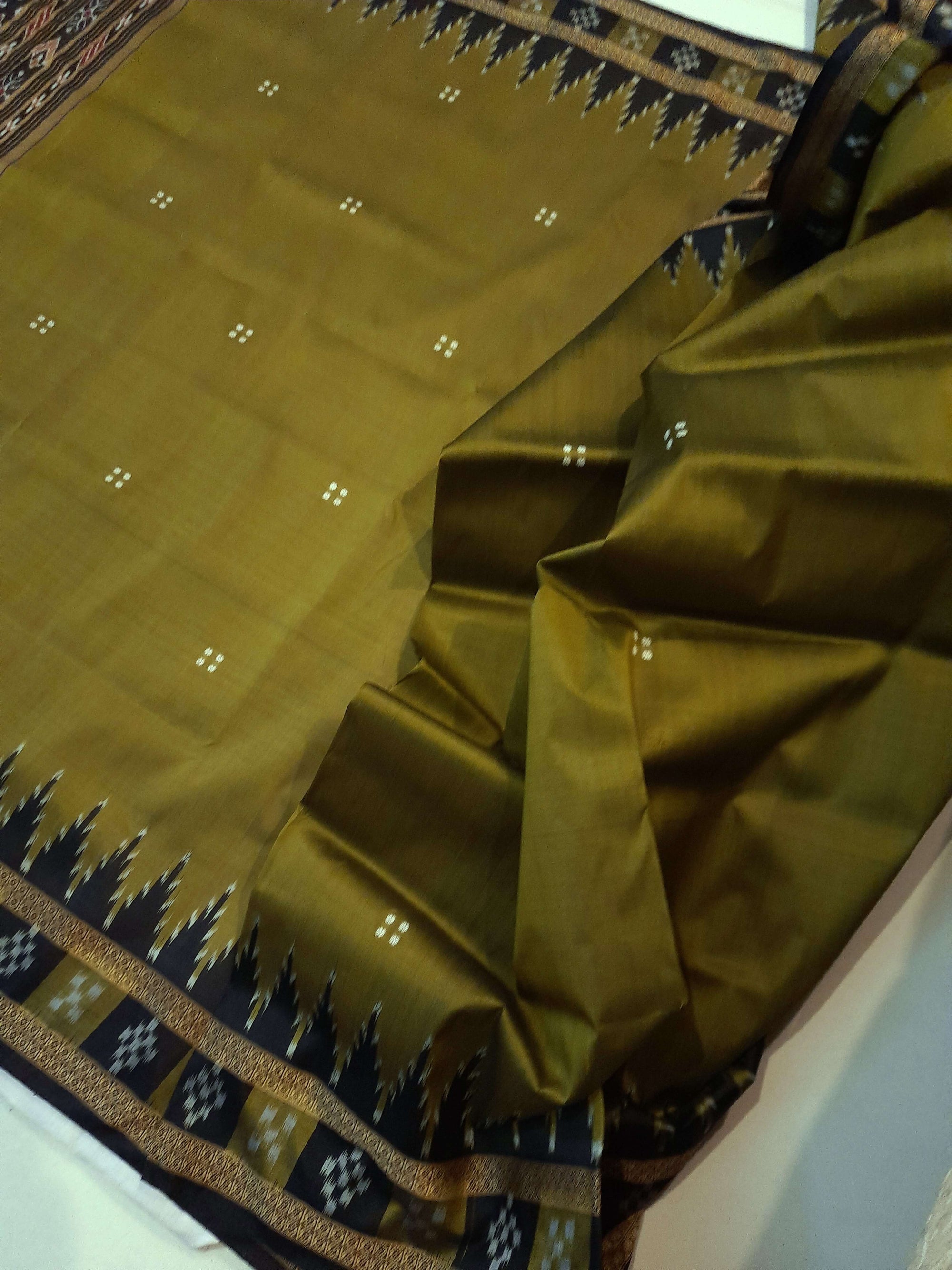 OliveGreen Odisha Khandua Pata Silk Saree with cotton ikat blouse piece