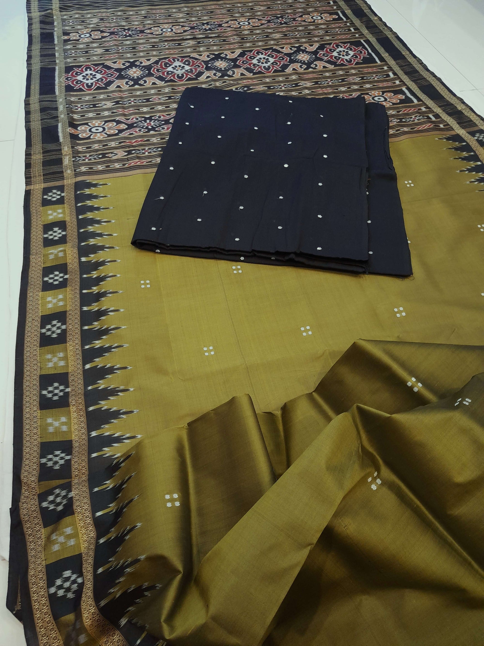 OliveGreen Odisha Khandua Pata Silk Saree with cotton ikat blouse piece