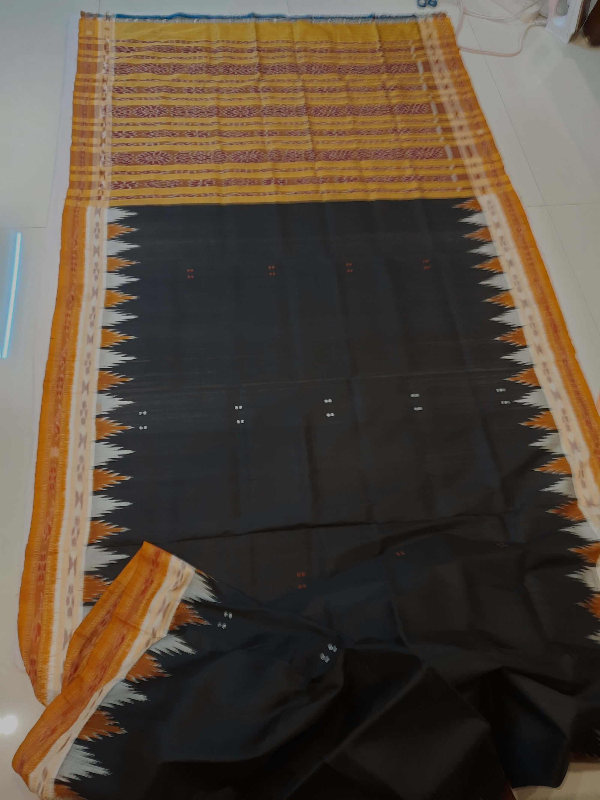 Black Odisha Khandua Pata Silk Saree with cotton ikat blouse piece