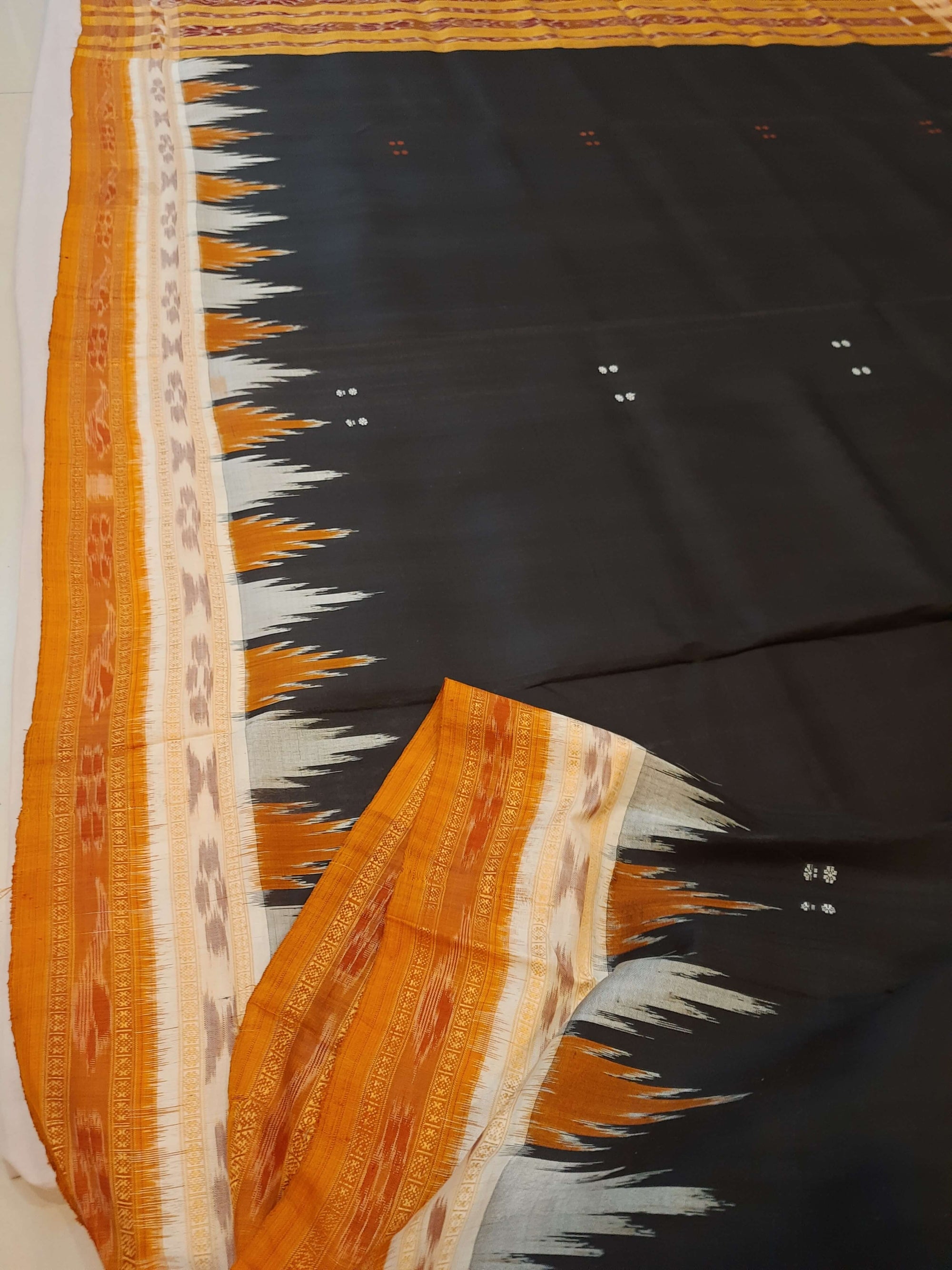 Black Odisha Khandua Pata Silk Saree with cotton ikat blouse piece