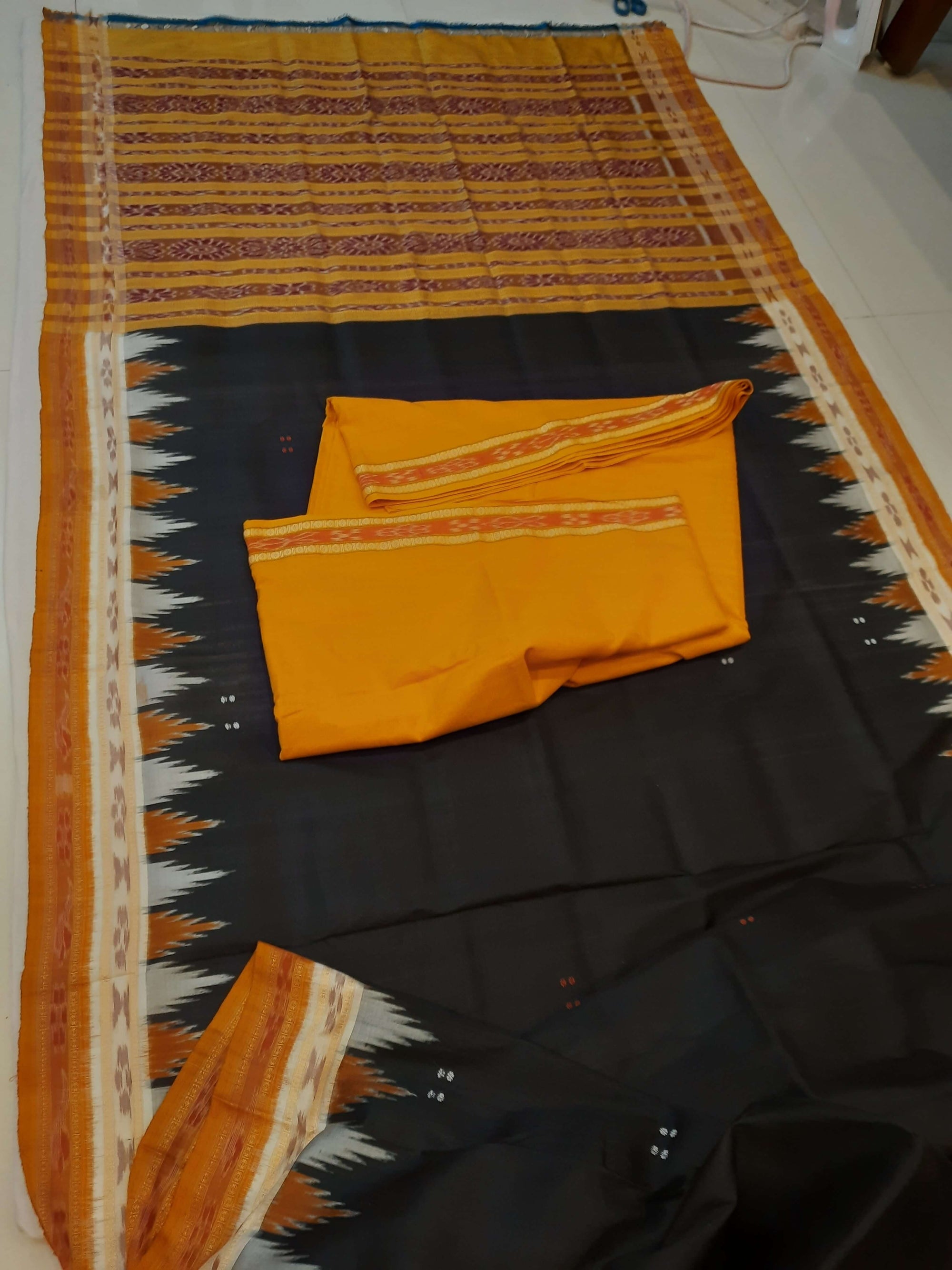Black Odisha Khandua Pata Silk Saree with cotton ikat blouse piece