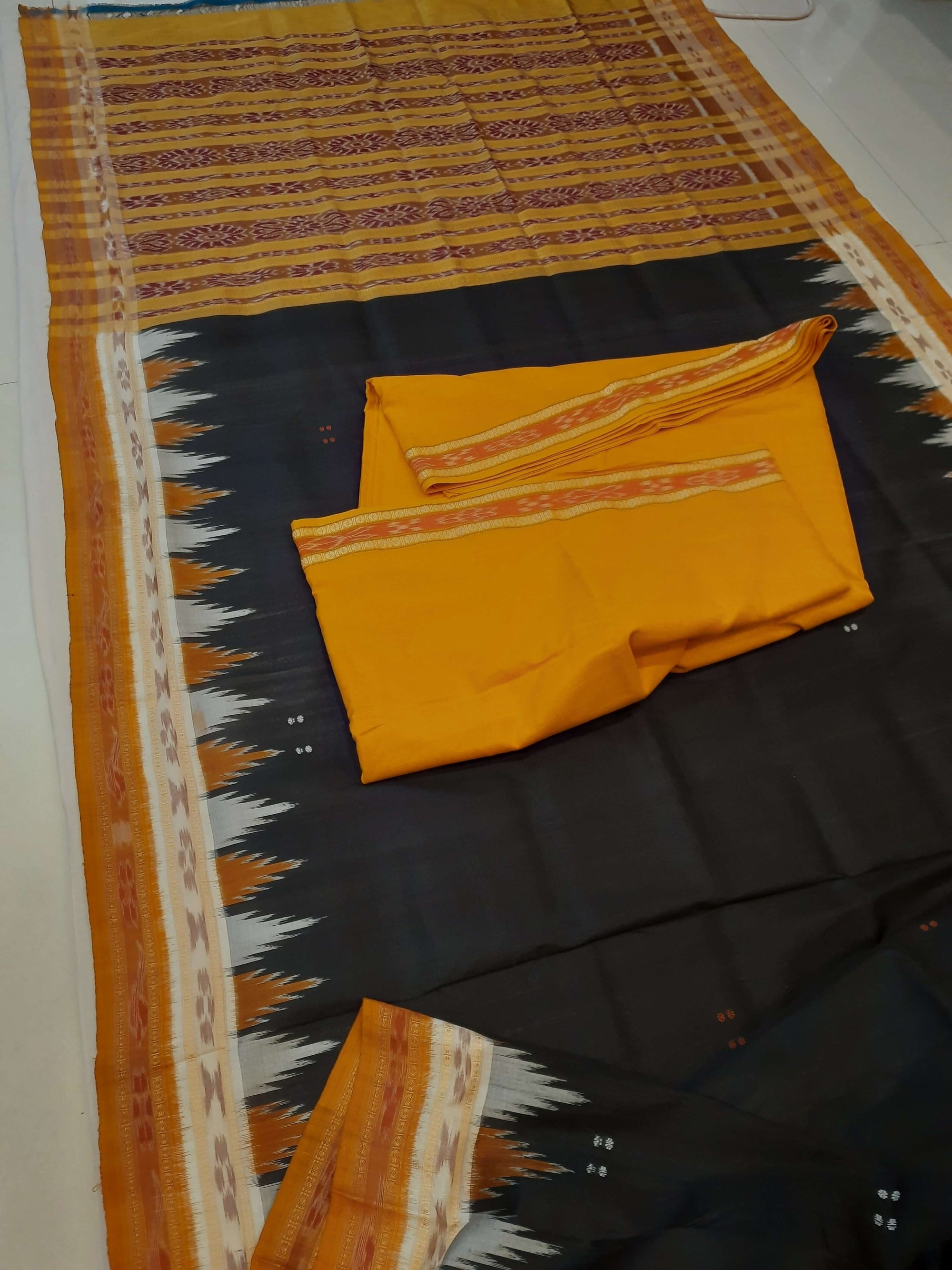 Black Odisha Khandua Pata Silk Saree with cotton ikat blouse piece