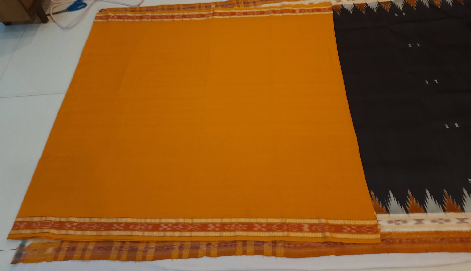 Black Odisha Khandua Pata Silk Saree with cotton ikat blouse piece