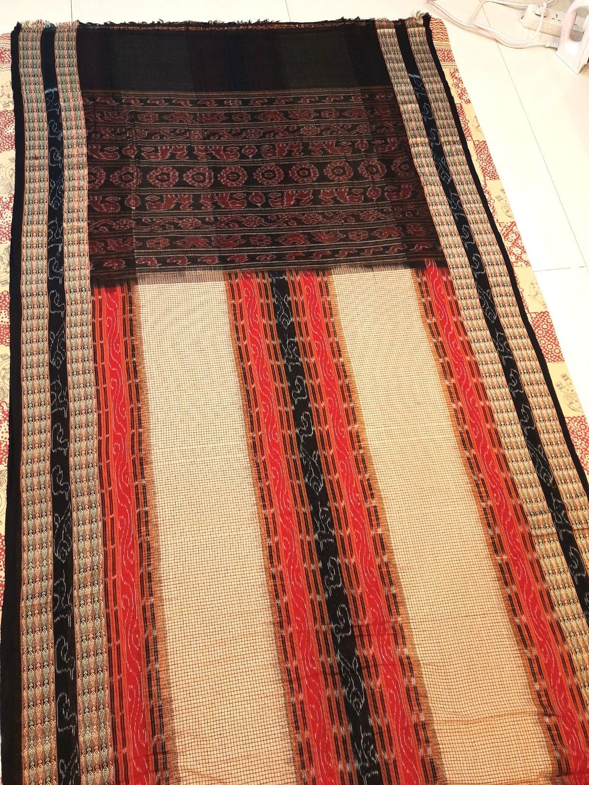 Beige Sambalpuri Sachipar Cotton Saree with cotton ikat blouse piece