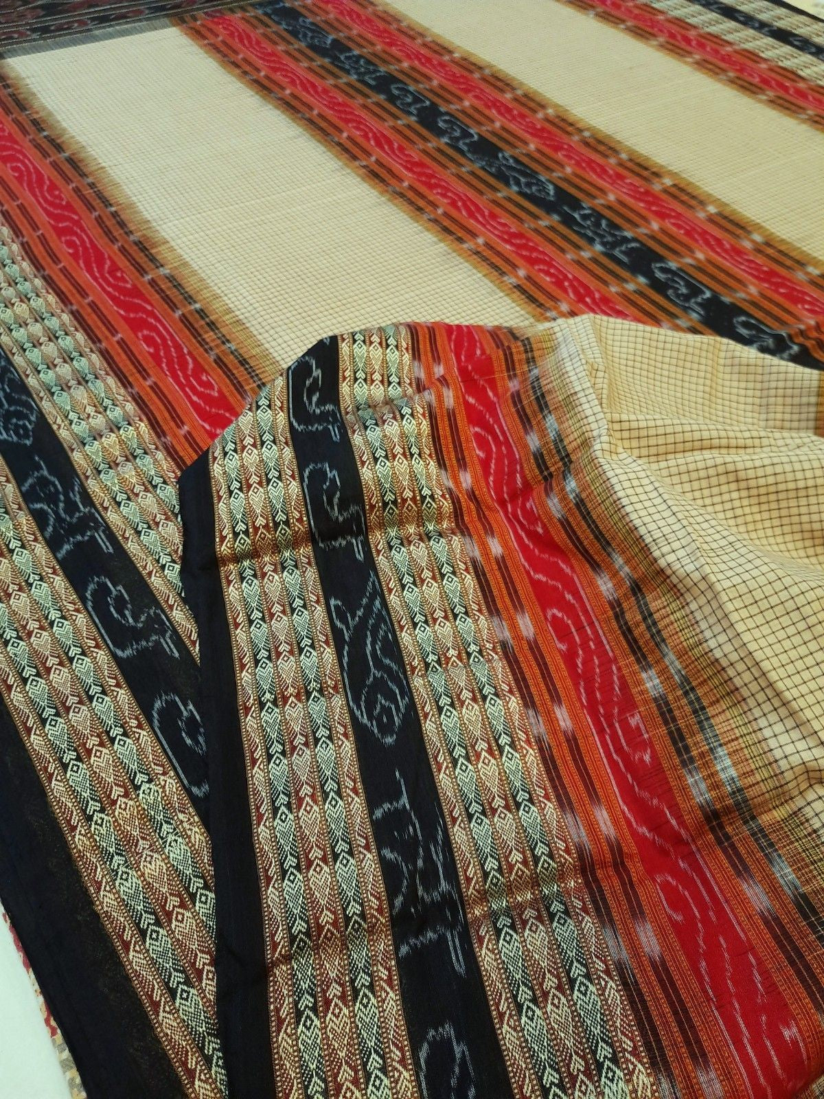 Beige Sambalpuri Sachipar Cotton Saree with cotton ikat blouse piece