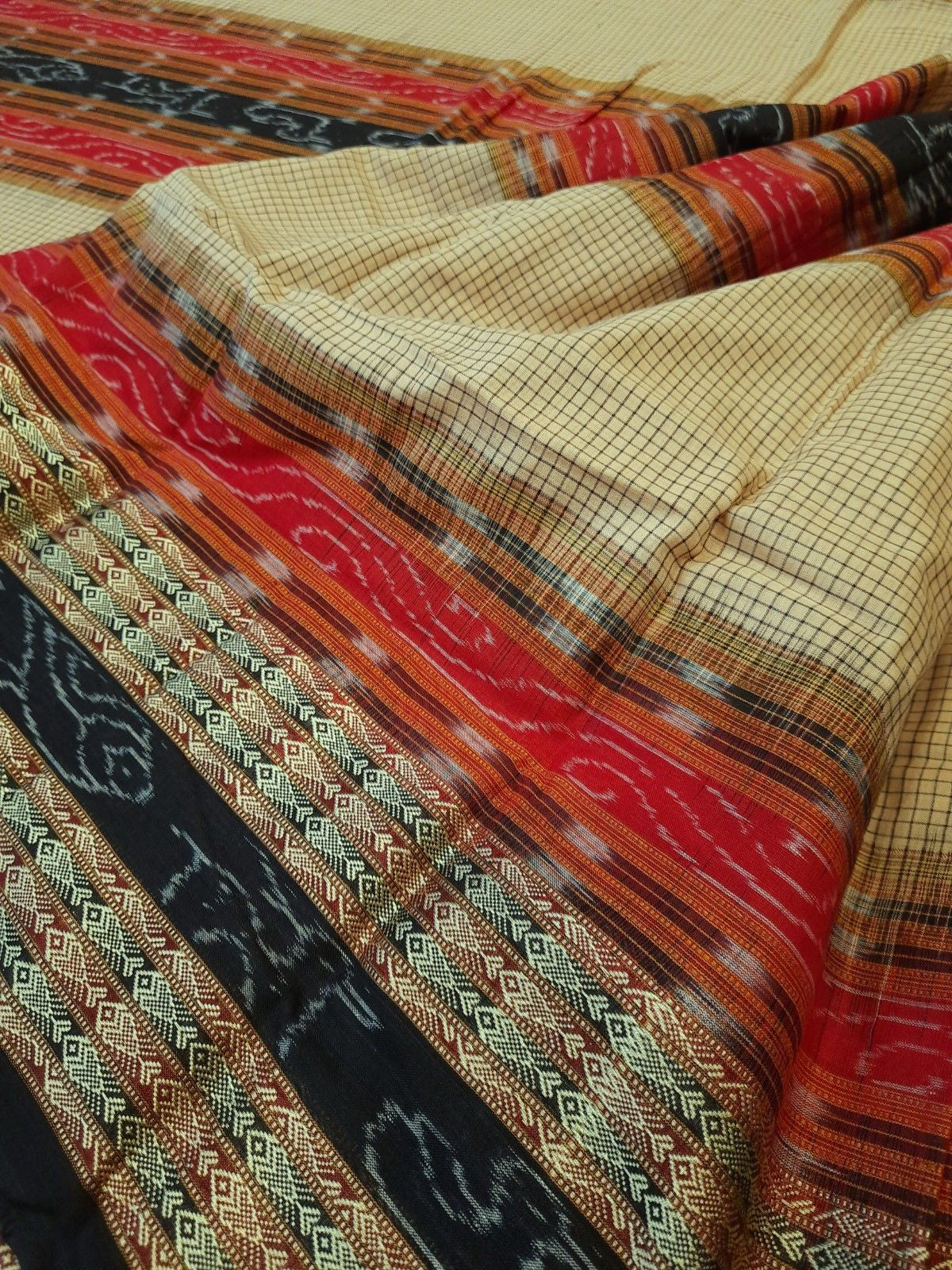 Beige Sambalpuri Sachipar Cotton Saree with cotton ikat blouse piece