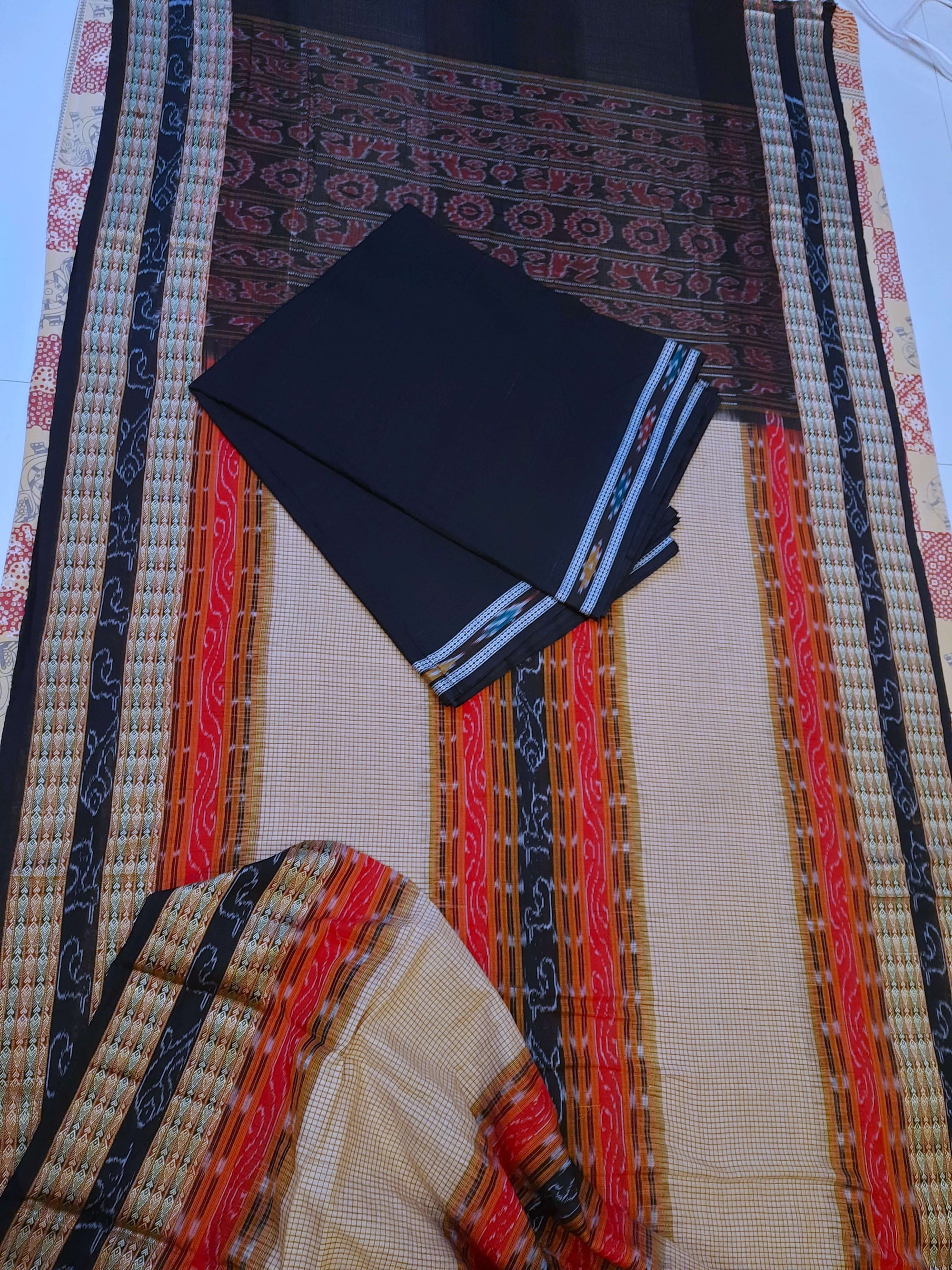Beige Sambalpuri Sachipar Cotton Saree with cotton ikat blouse piece