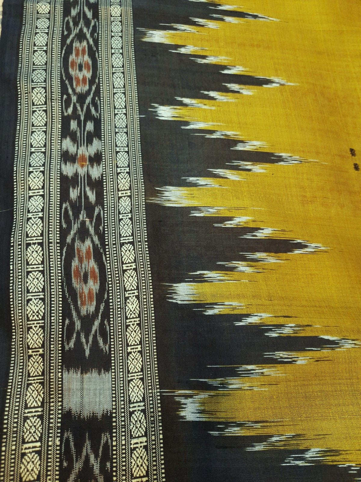 Golden Mustard Odisha Khandua Pata Silk Saree with cotton ikat blouse piece