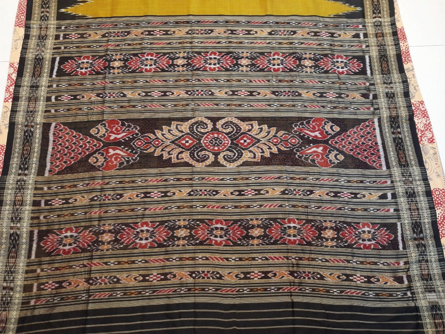 Golden Mustard Odisha Khandua Pata Silk Saree with cotton ikat blouse piece