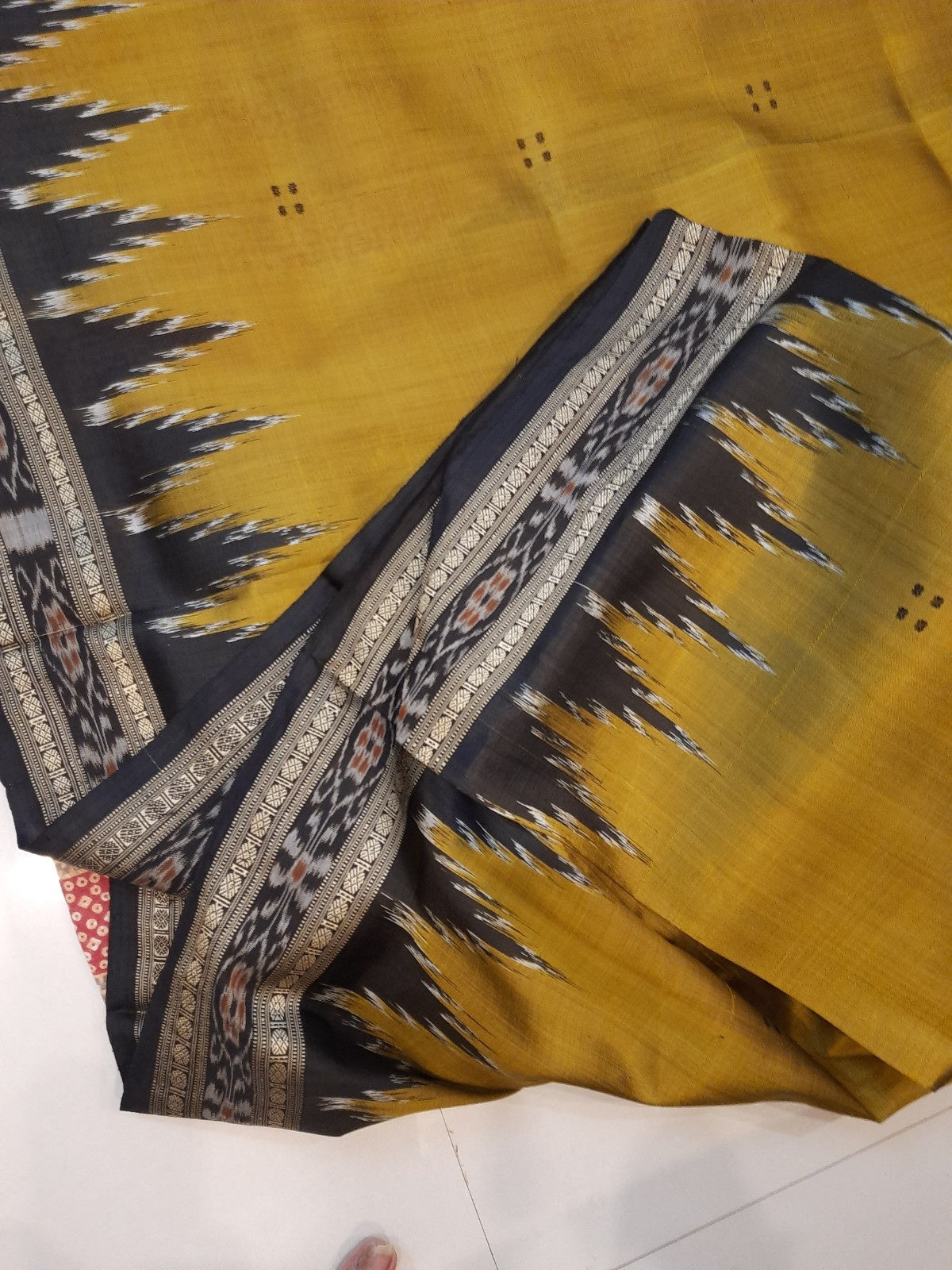Golden Mustard Odisha Khandua Pata Silk Saree with cotton ikat blouse piece