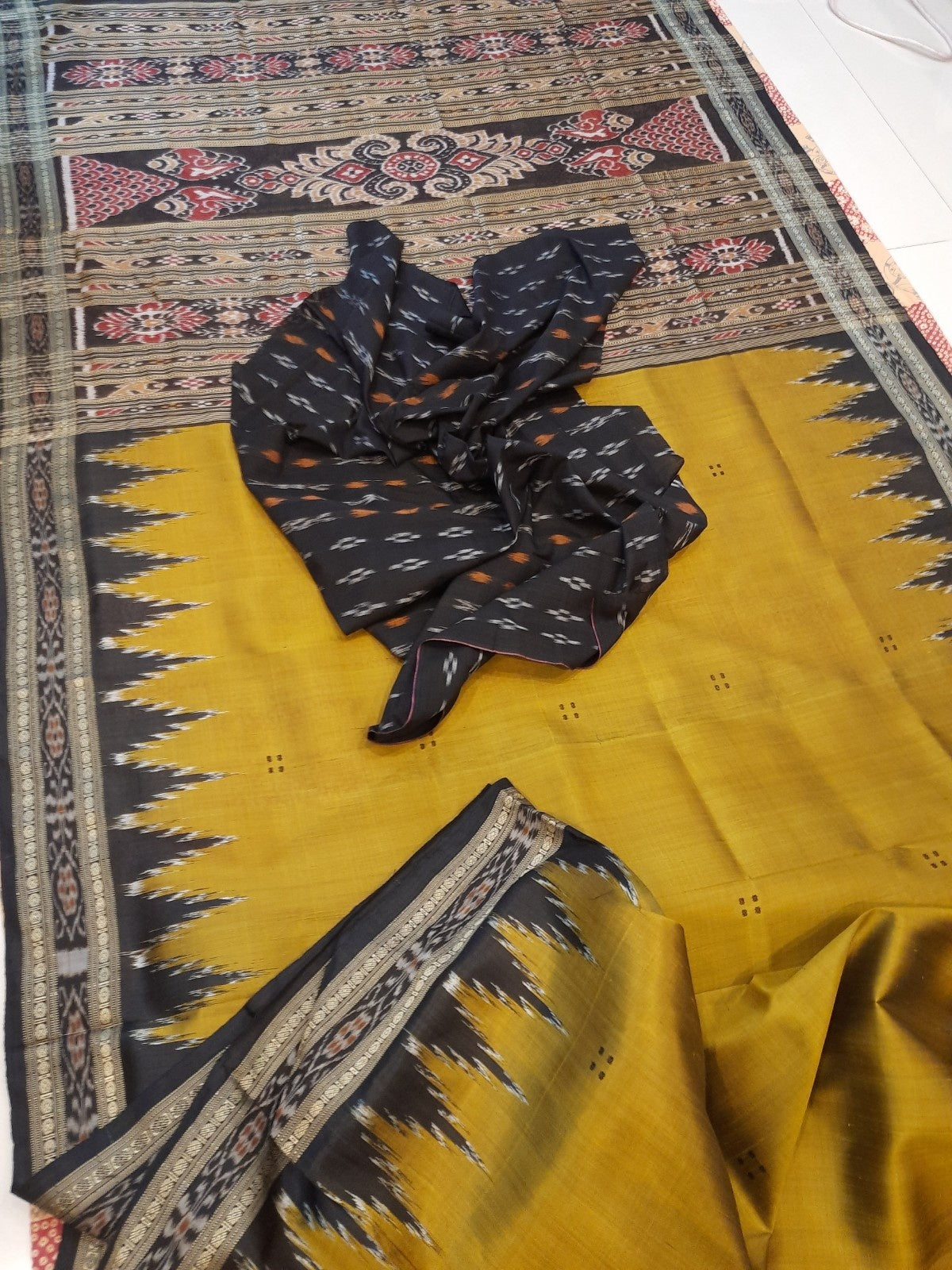 Golden Mustard Odisha Khandua Pata Silk Saree with cotton ikat blouse piece