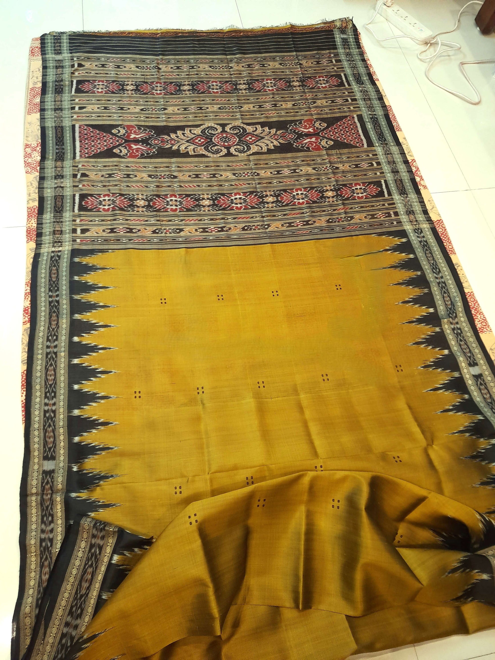 Golden Mustard Odisha Khandua Pata Silk Saree with cotton ikat blouse piece
