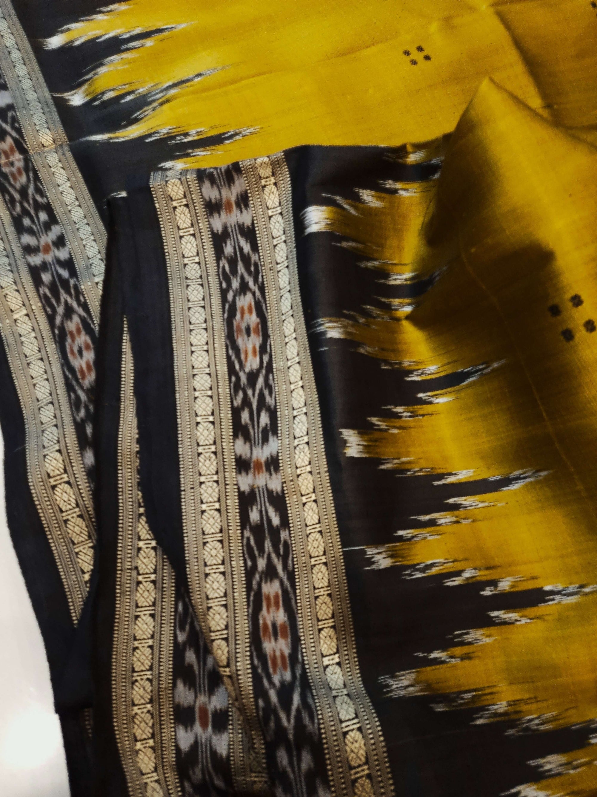 Golden Mustard Odisha Khandua Pata Silk Saree with cotton ikat blouse piece