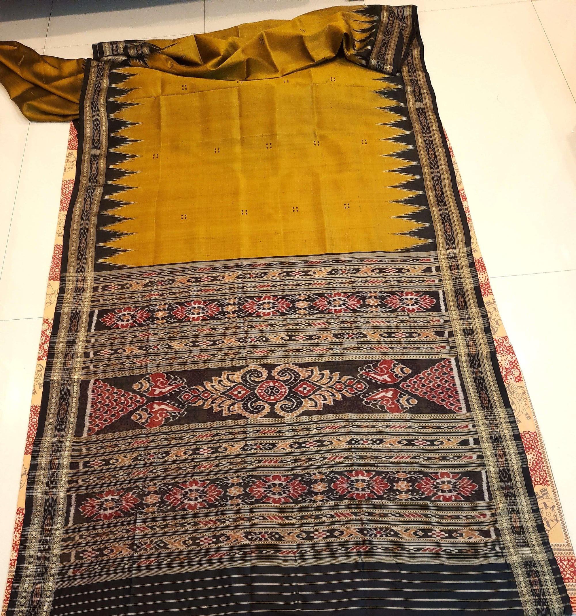 Golden Mustard Odisha Khandua Pata Silk Saree with cotton ikat blouse piece