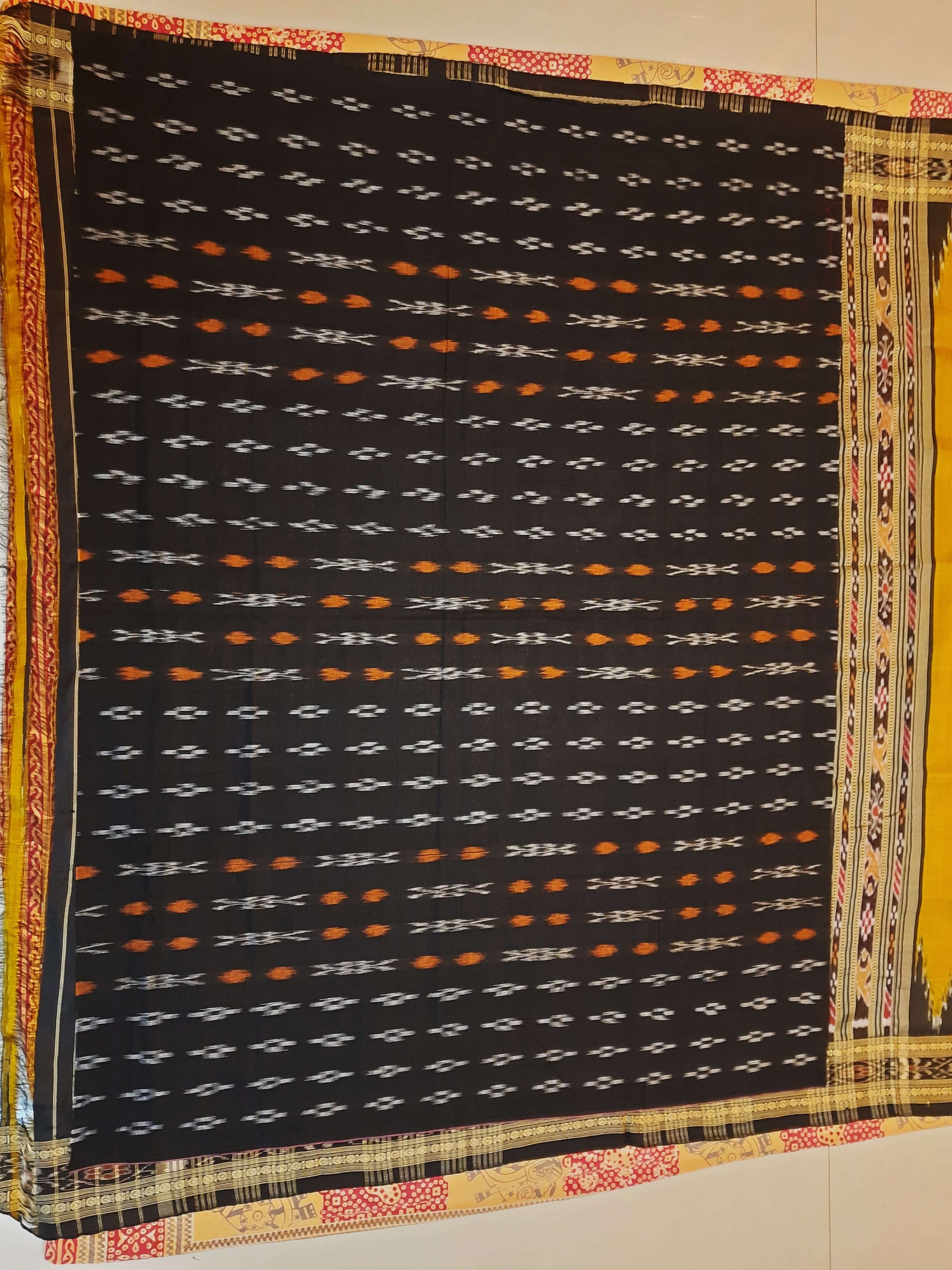 Golden Mustard Odisha Khandua Pata Silk Saree with cotton ikat blouse piece
