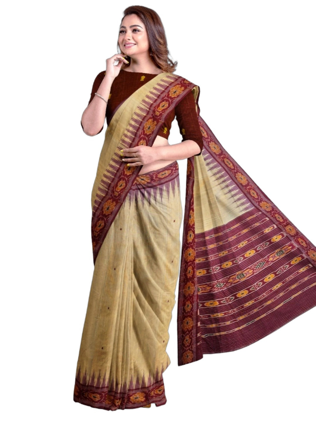 Beige with Maroon Tussar Silk Odisha Ikat Saree paired with cotton ikat blouse piece