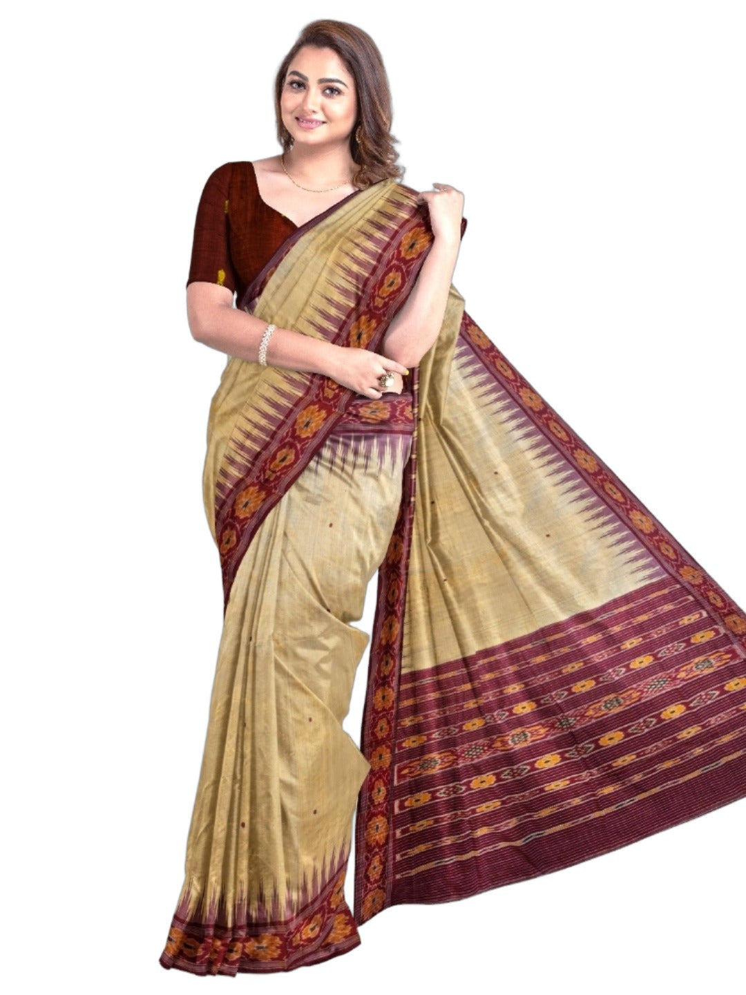 Beige with Maroon Tussar Silk Odisha Ikat Saree paired with cotton ikat blouse piece