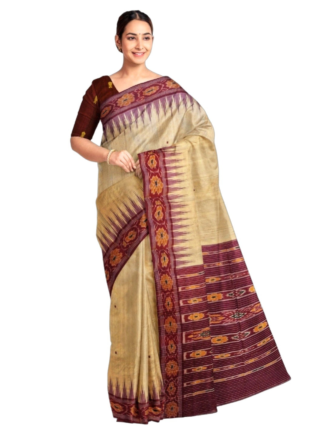 Beige with Maroon Tussar Silk Odisha Ikat Saree paired with cotton ikat blouse piece
