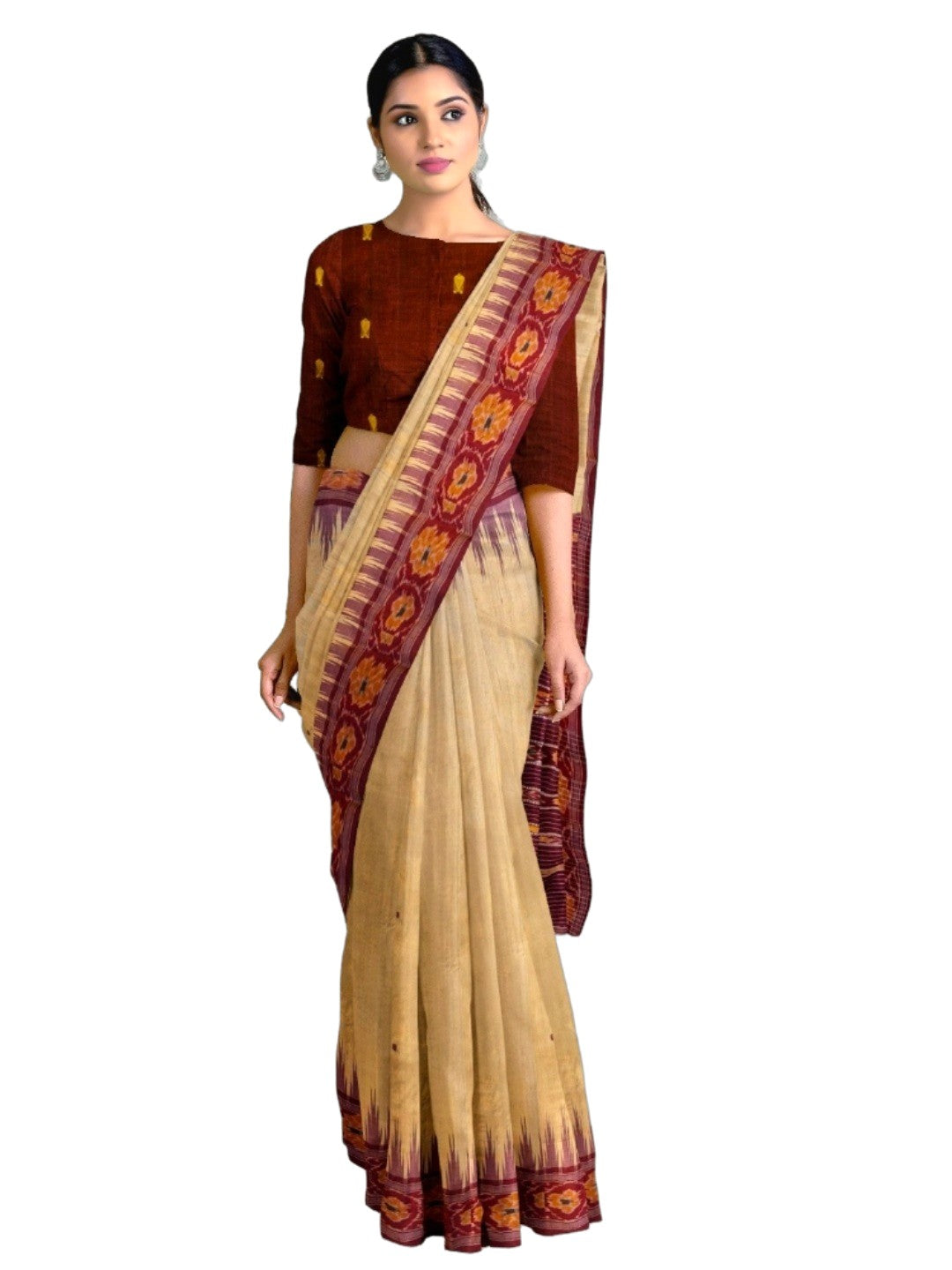 Beige with Maroon Tussar Silk Odisha Ikat Saree paired with cotton ikat blouse piece
