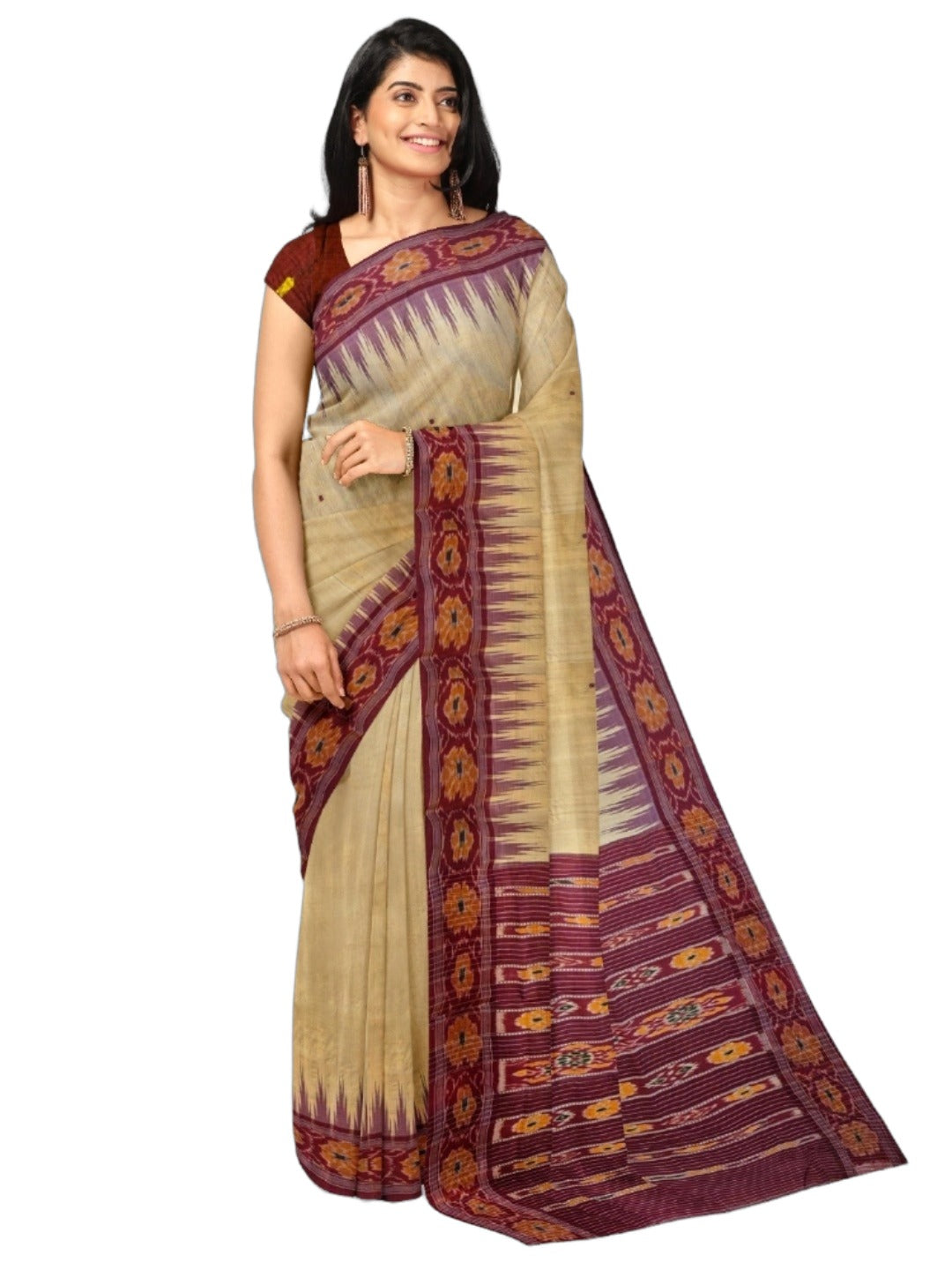 Beige with Maroon Tussar Silk Odisha Ikat Saree paired with cotton ikat blouse piece